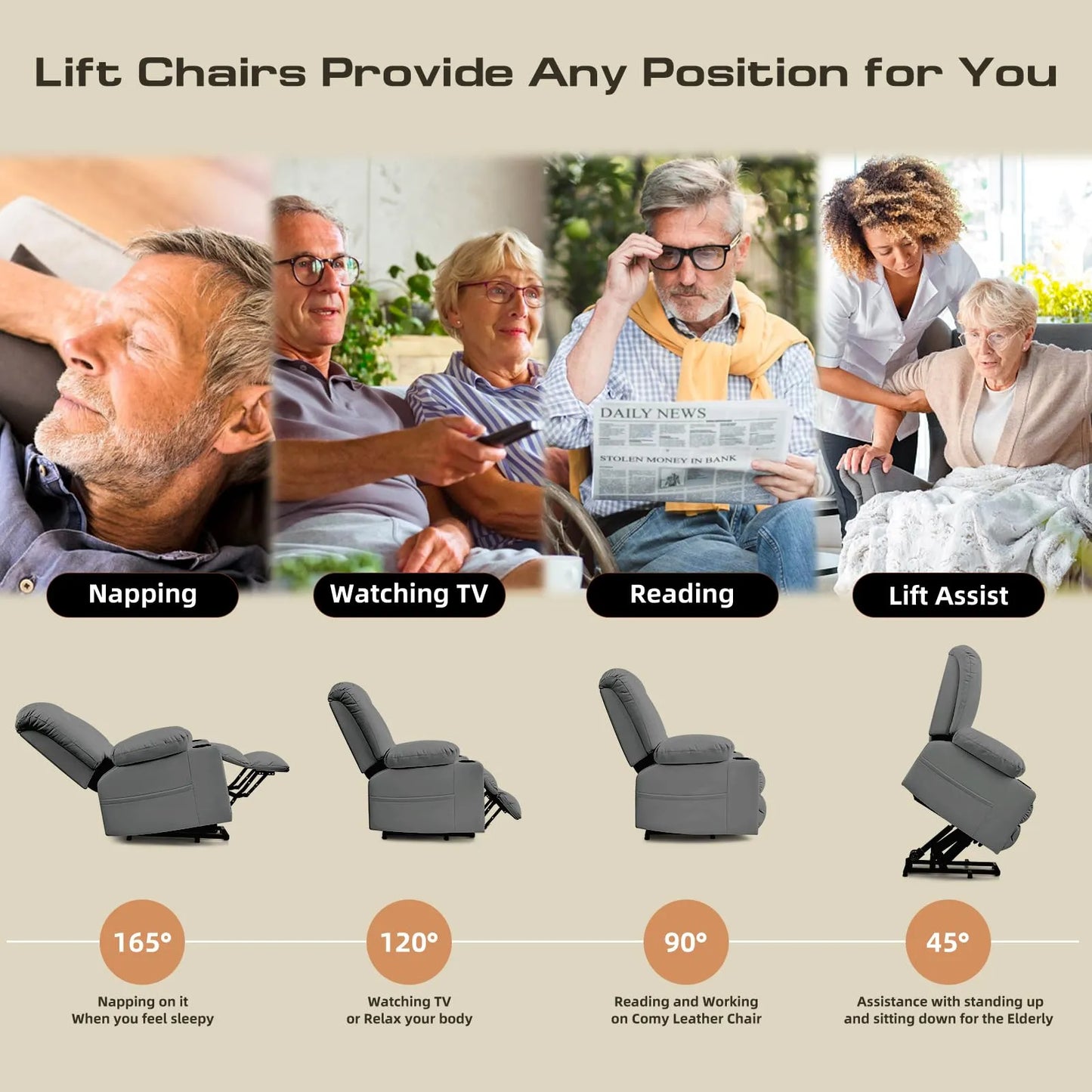 Large Power Lift Chairs Recliners for Elderly with Heated and Massage, Breathable Leather, USB-A and USB-C, Cup Holder, Side Pocket, Grey