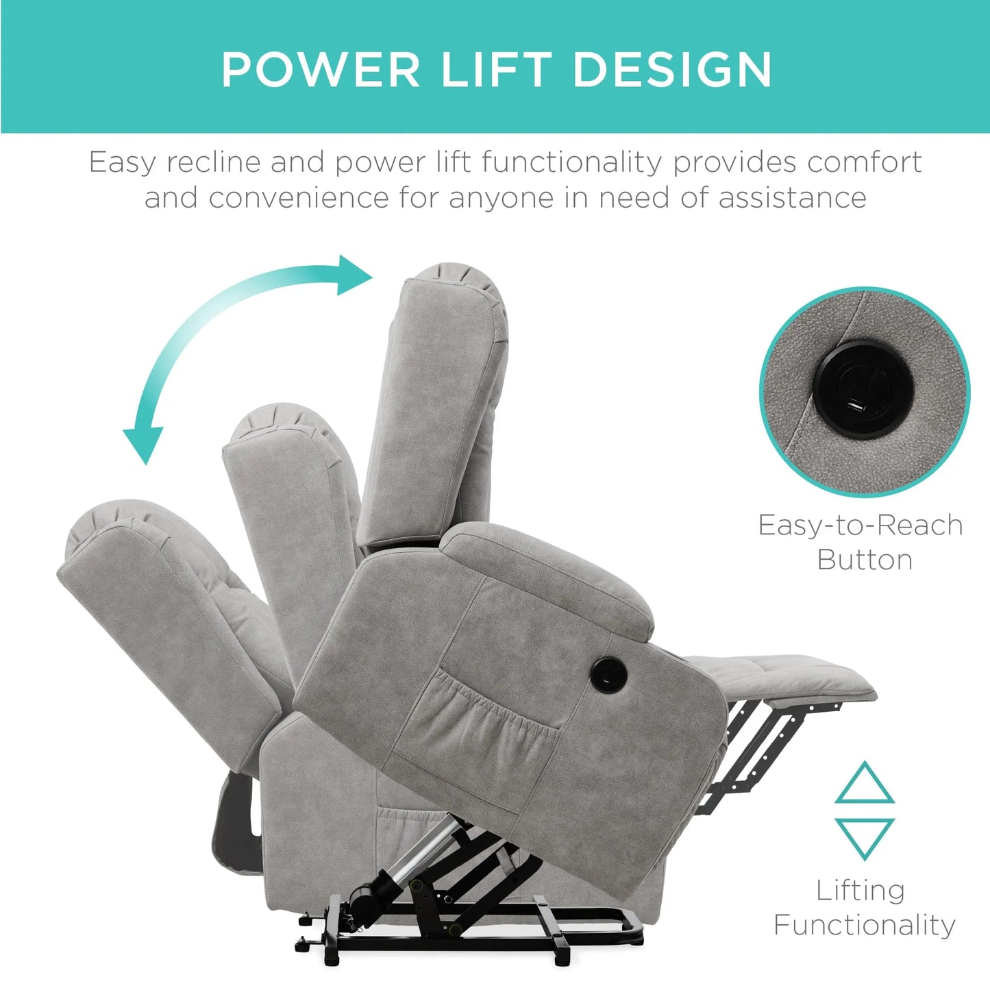 PU Leather Electric Power Lift Chair, Recliner Massage Chair,Gray