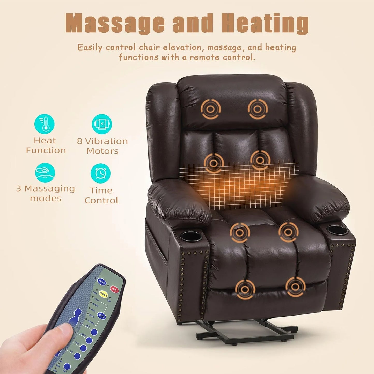Large Power Lift Chairs Recliners for Elderly with Heated and Massage, Breathable Leather, USB-A and USB-C, Cup Holder, Side Pocket, Dark Brown