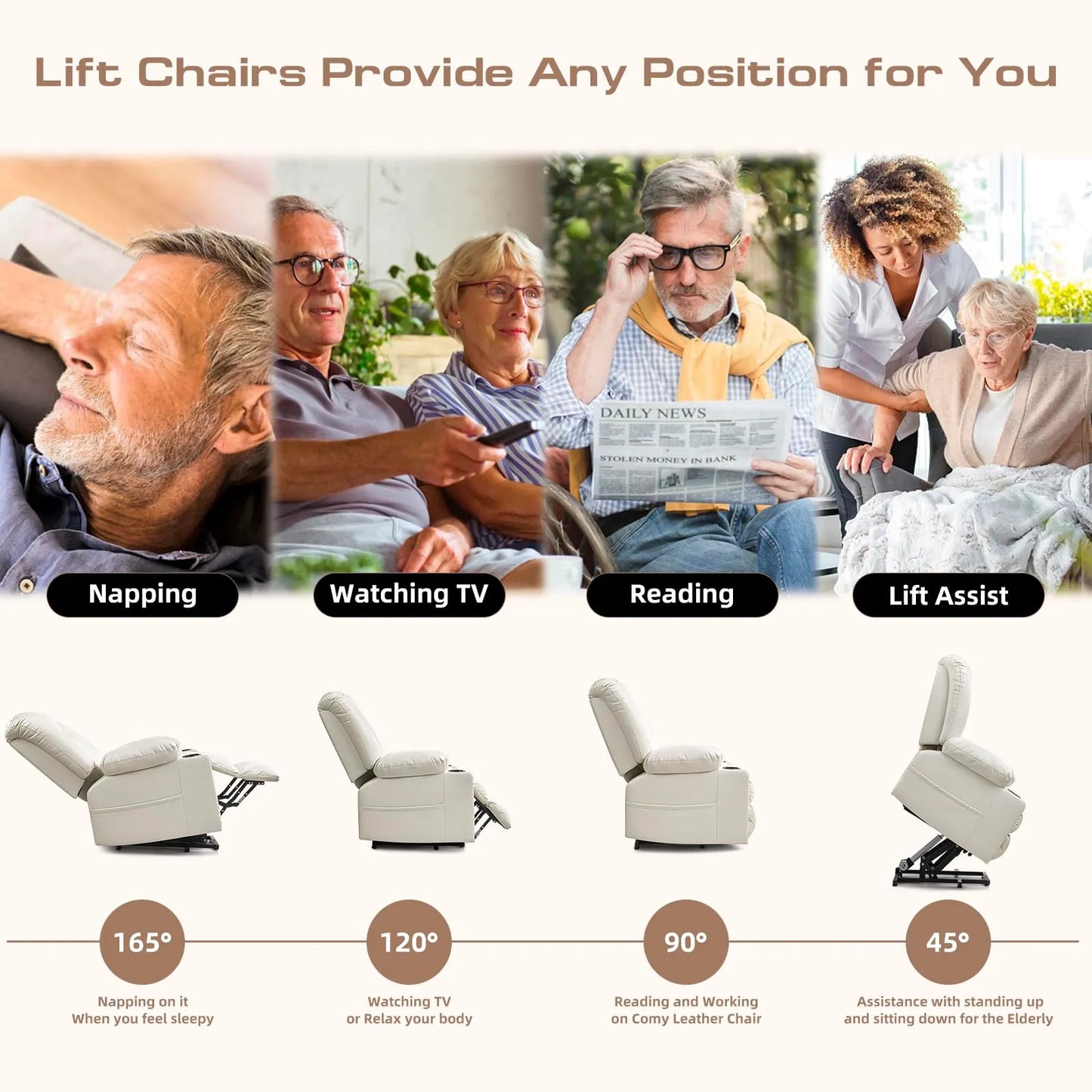 Large Power Lift Chairs Recliners for Elderly with Heated and Massage, Breathable Leather, USB-A and USB-C, Cup Holder, Side Pocket, Beigi