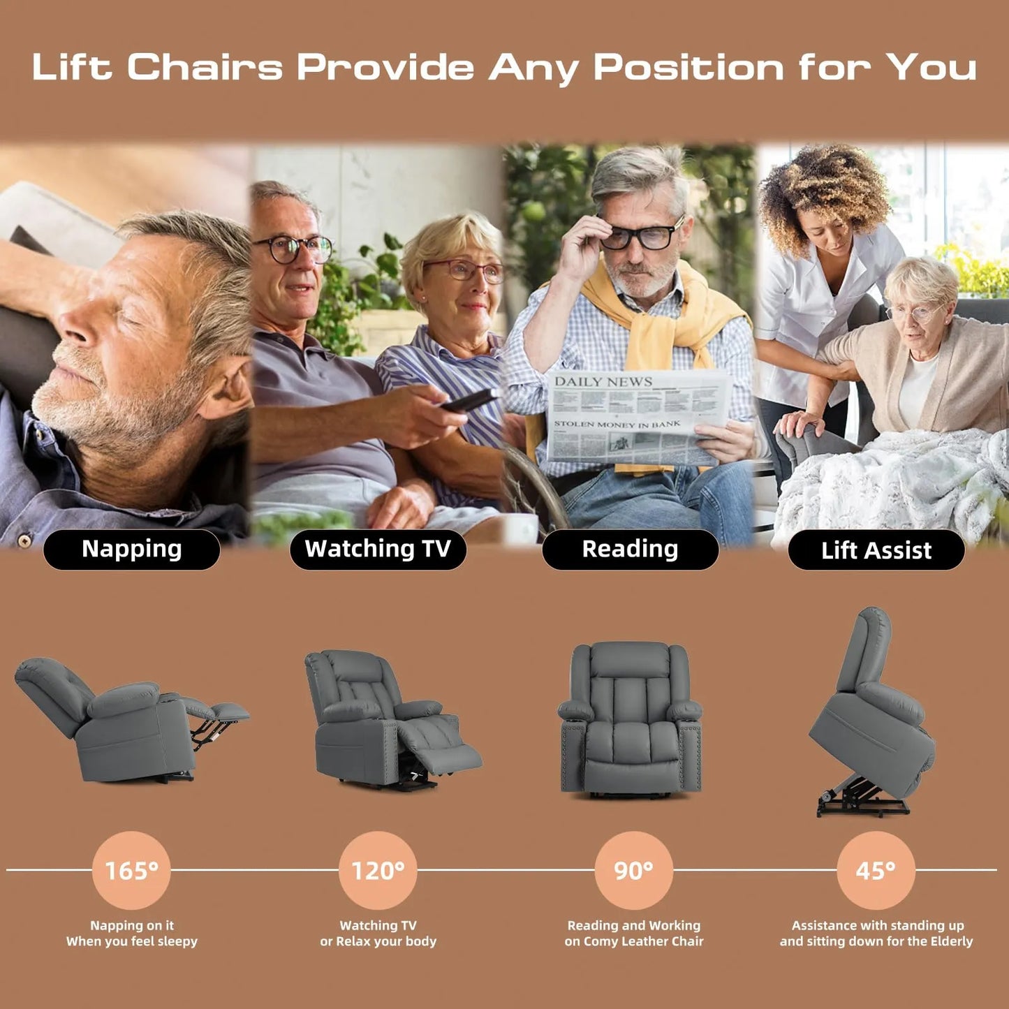 Large Power Lift Chairs Recliners for Elderly with Heat and Massage Set of 2, Breathable Leather, USB-A USB-C, Cup Holder, Side Pocket Grey