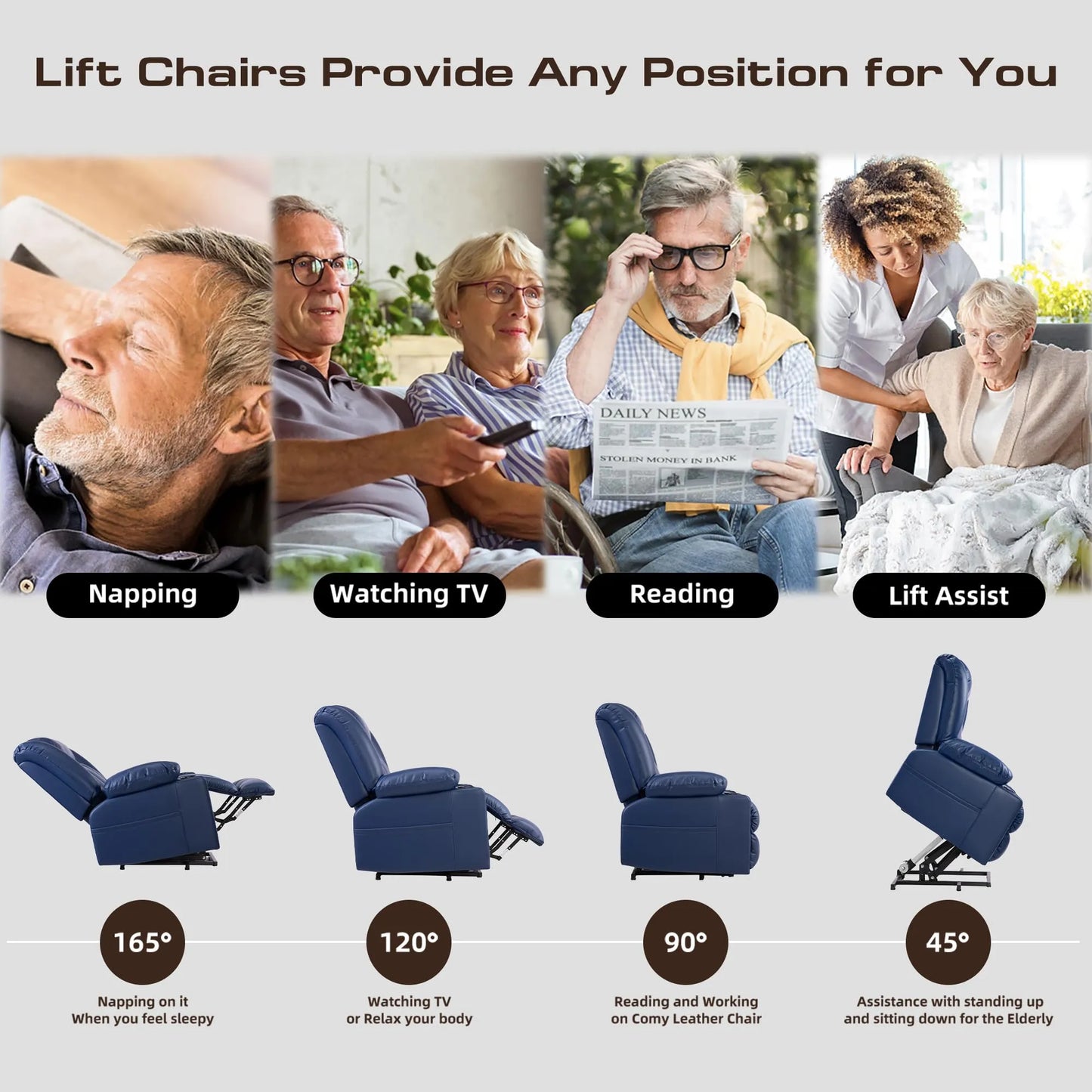 Large Power Lift Chairs Recliners for Elderly with Heated and Massage, Breathable Leather, USB-A and USB-C, Cup Holder, Side Pocket, Blue