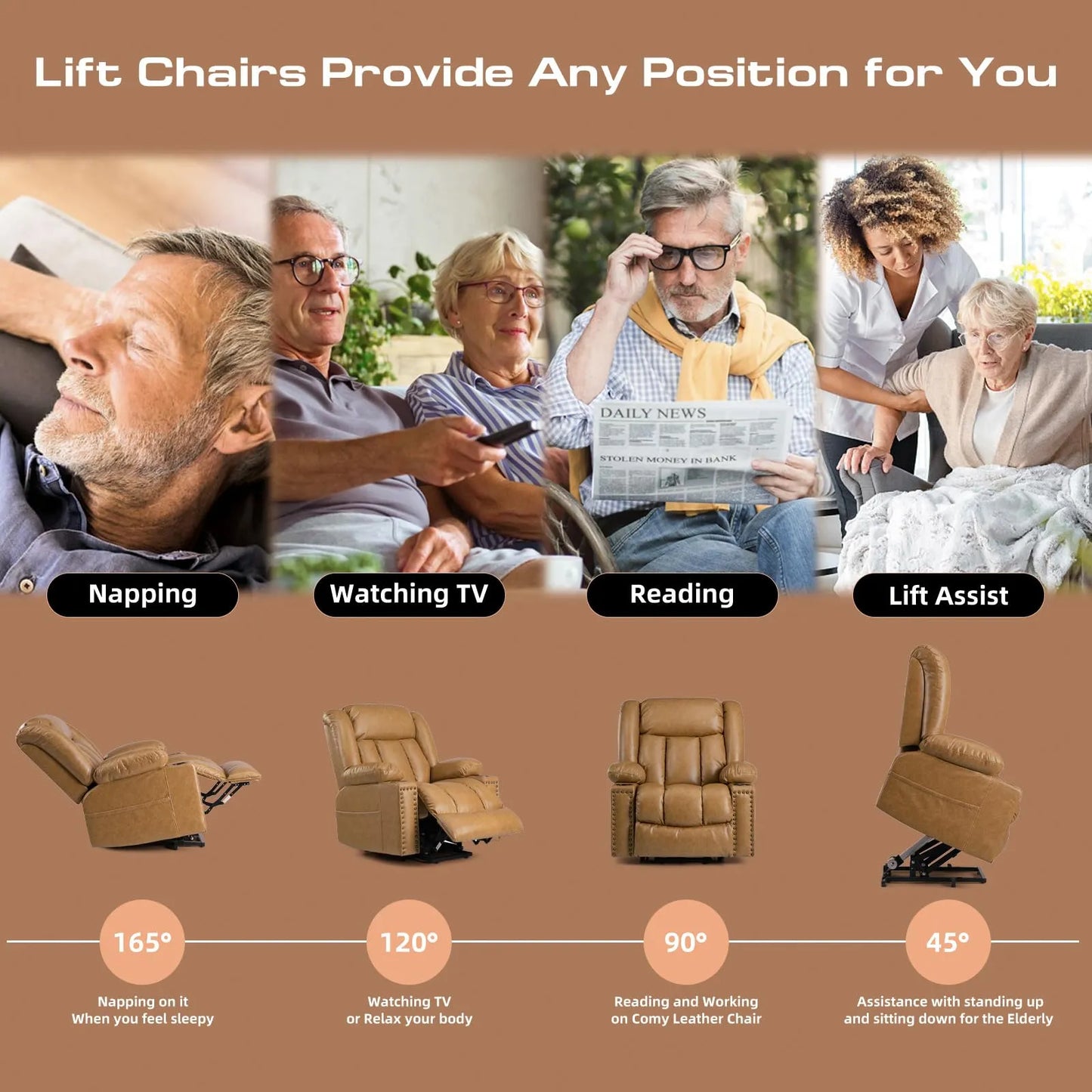 Large Power Lift Chairs Recliners for Elderly with Heat and Massage Set of 2, Breathable Leather, USB-A USB-C, Cup Holder, Side Pocket, Caramel