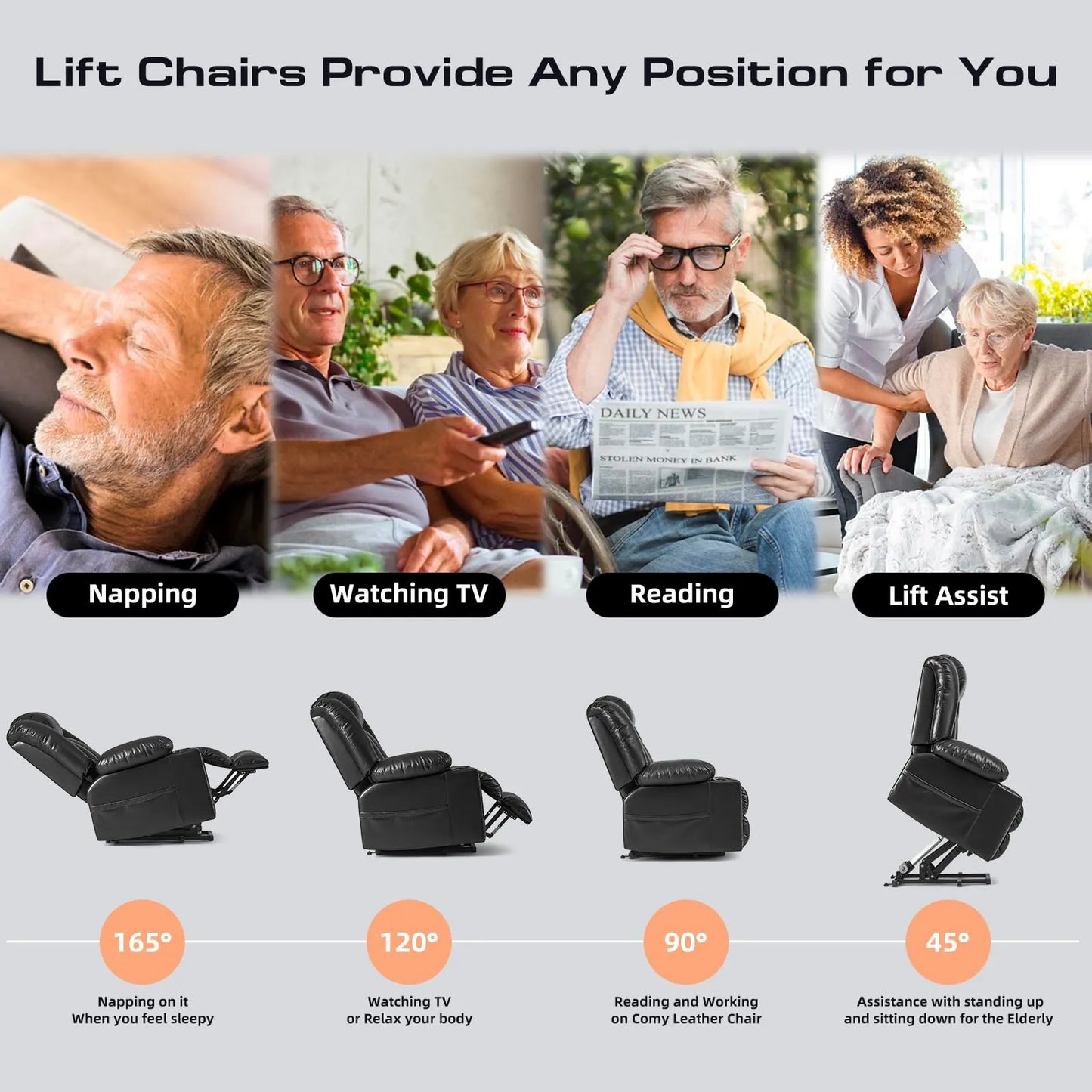 Large Power Lift Chairs Recliners for Elderly with Heated and Massage, Breathable Leather, USB-A and USB-C, Cup Holder, Side Pocket, Black