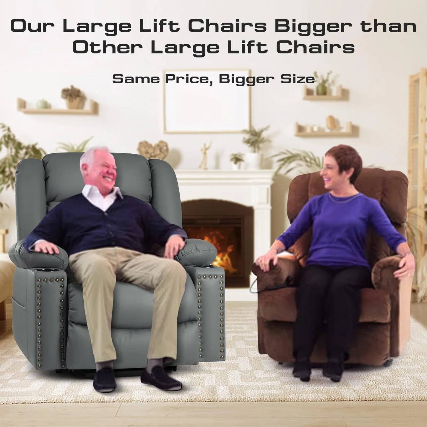 Large Power Lift Chairs Recliners for Elderly with Heated and Massage, Breathable Leather, USB-A and USB-C, Cup Holder, Side Pocket, Grey