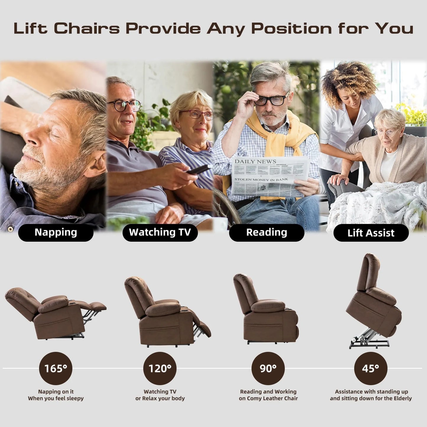 Large Power Lift Chairs Recliners for Elderly with Heated and Massage, Breathable Leather, USB-A and USB-C, Cup Holder, Side Pocket, Chocolate