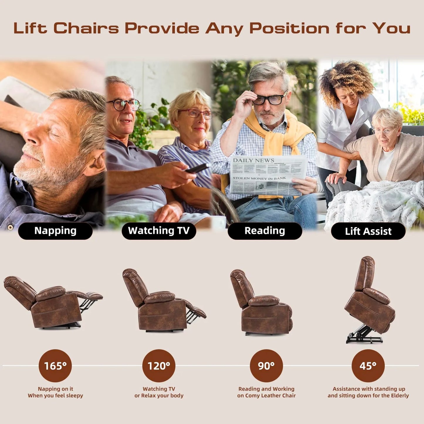 Large Power Lift Chairs Recliners for Elderly with Heated and Massage, Breathable Leather, USB-A and USB-C, Cup Holder, Side Pocket, Brown
