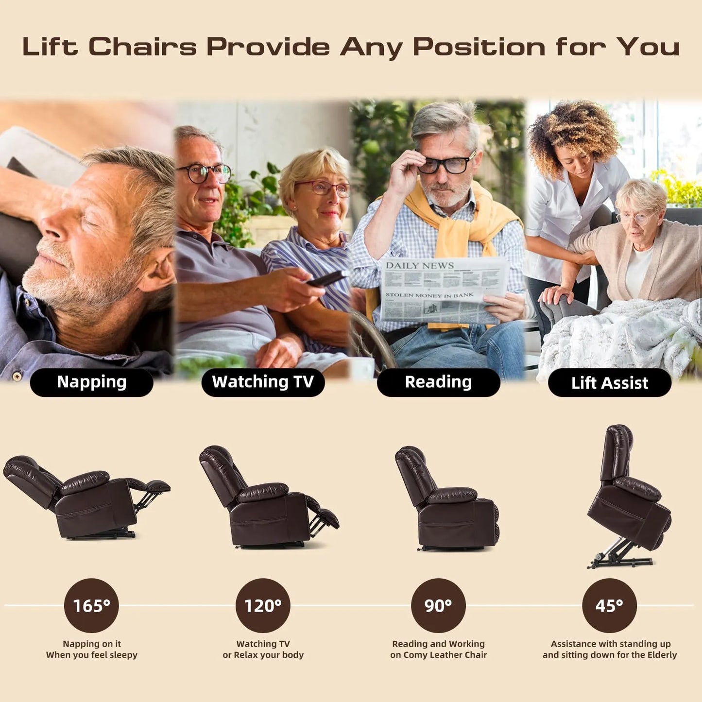 Large Power Lift Chairs Recliners for Elderly with Heated and Massage, Breathable Leather, USB-A and USB-C, Cup Holder, Side Pocket, Dark Brown