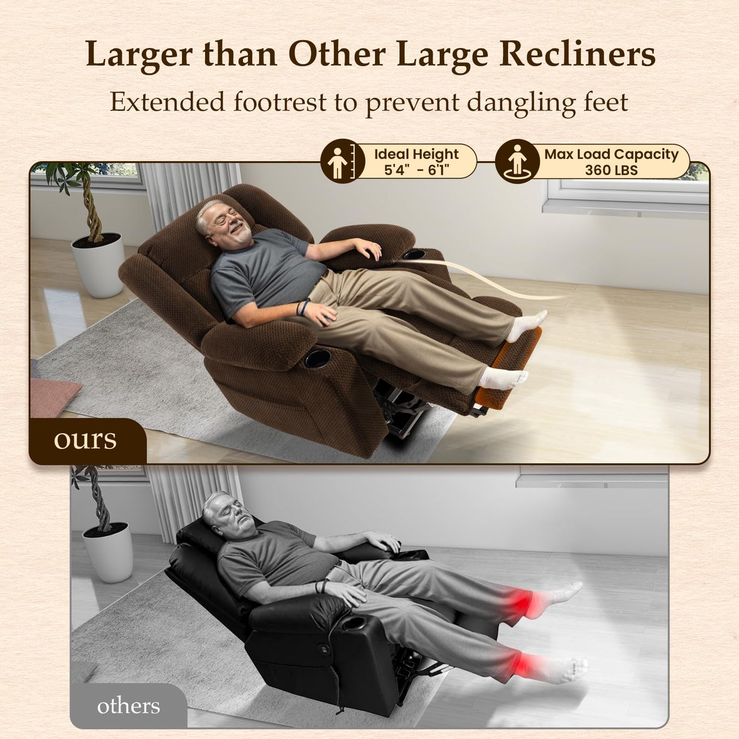 Cfvyne Large-Wide Power Lift Recliner Chair for Elderly, Big and Tall, Heat and Massage, Lift Chairs Recliners with Extended Footrest, Remote Control, 2 Cup Holders, Dark Brown