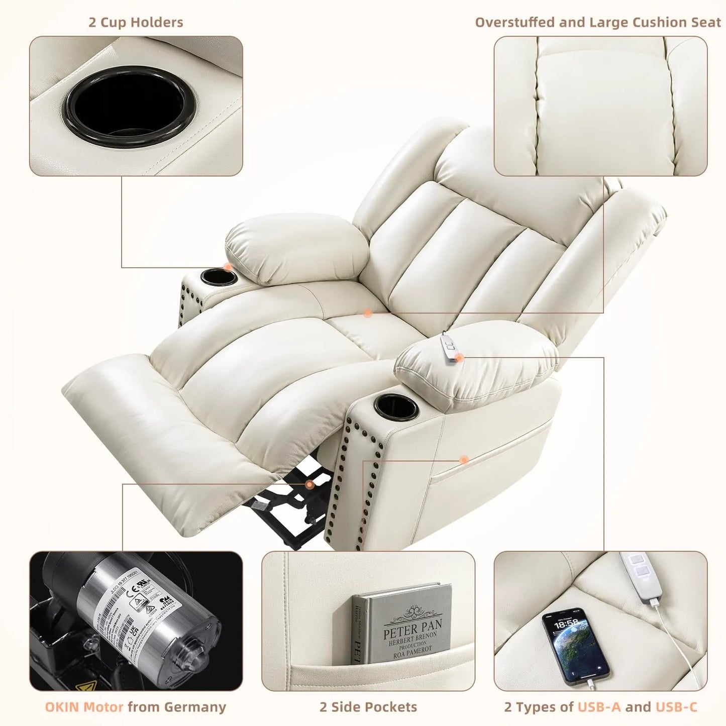 Large Power Lift Chairs Recliners for Elderly with Heated and Massage, Breathable Leather, USB-A and USB-C, Cup Holder, Side Pocket, Beigi