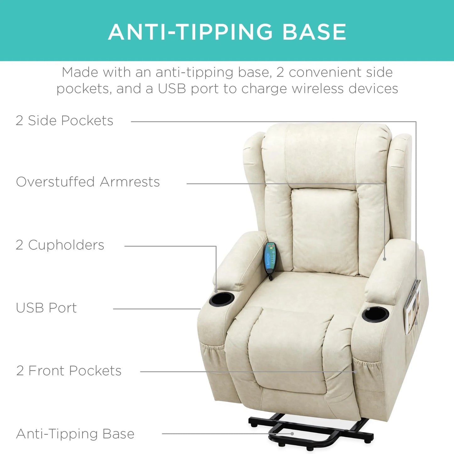 PU Leather Electric Power Lift Chair, Recliner Massage Chair,Beigi