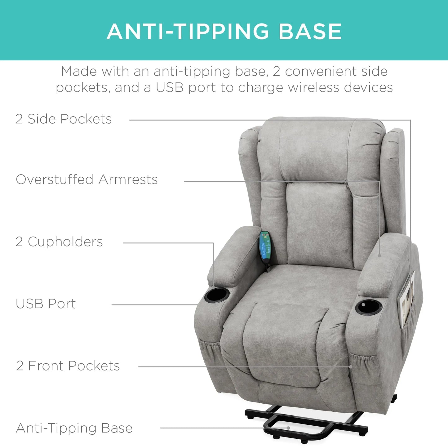 PU Leather Electric Power Lift Chair, Recliner Massage Chair,Gray