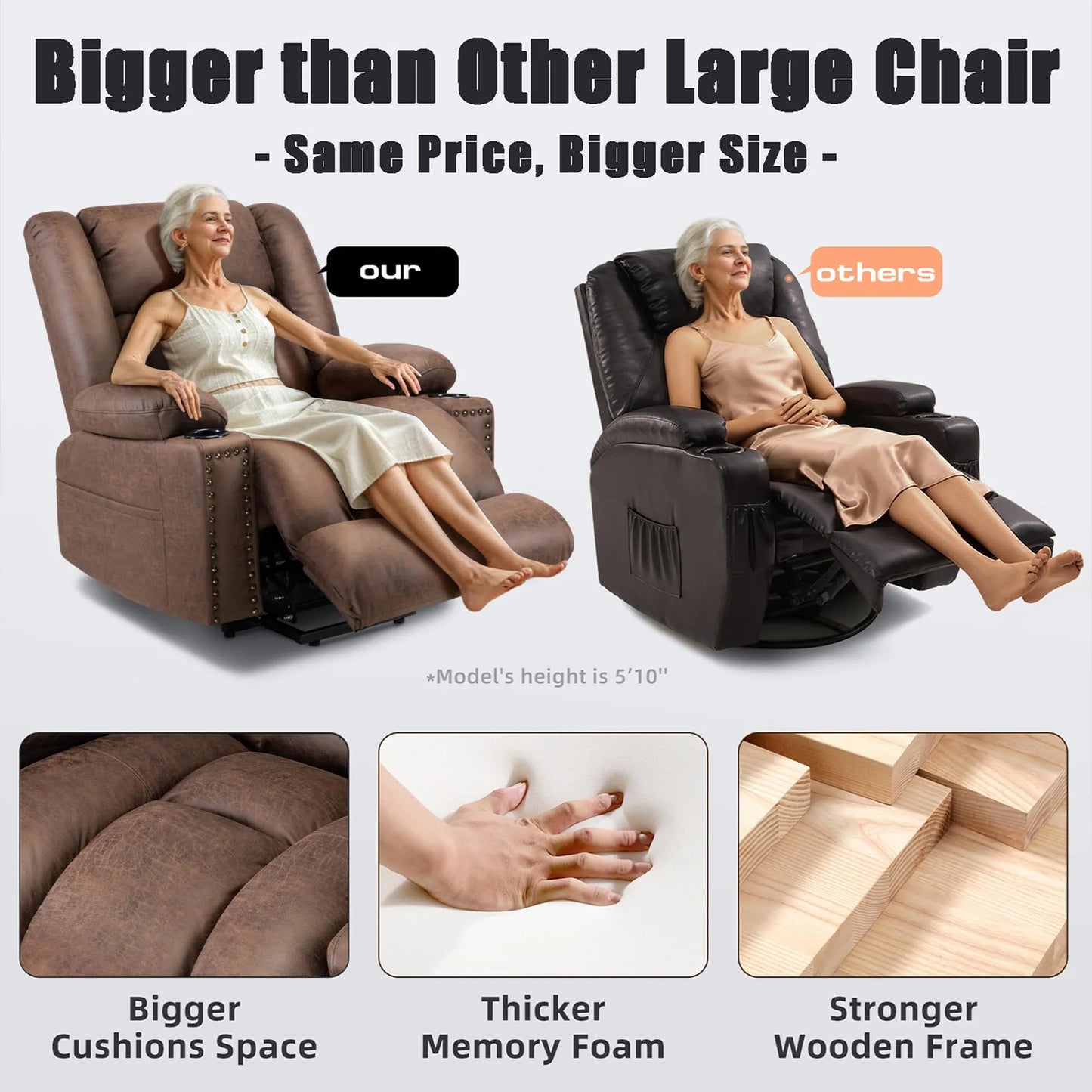 Large Power Lift Chairs Recliners for Elderly with Heated and Massage, Breathable Leather, USB-A and USB-C, Cup Holder, Side Pocket, Chocolate