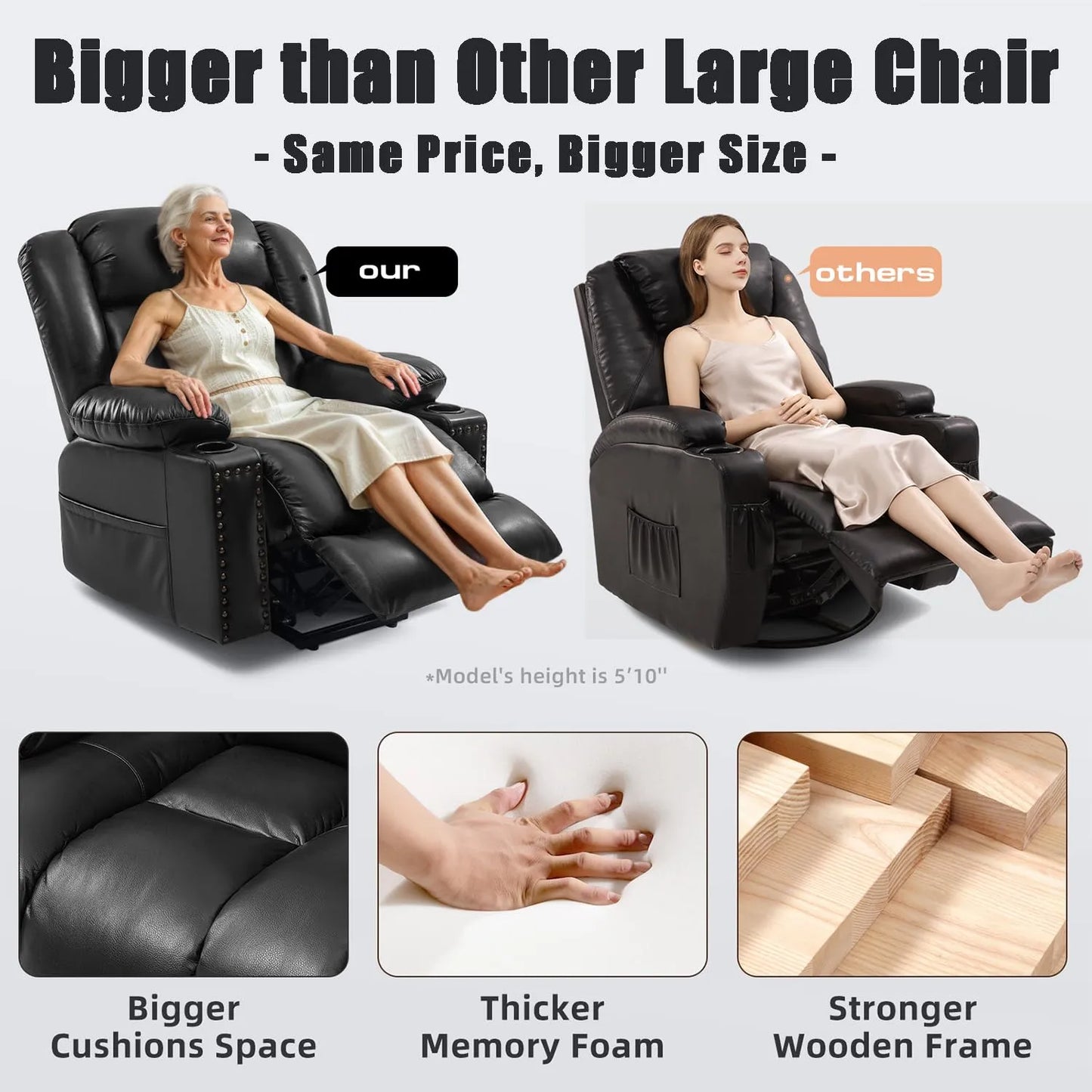 Large Power Lift Chairs Recliners for Elderly with Heated and Massage, Breathable Leather, USB-A and USB-C, Cup Holder, Side Pocket, Black