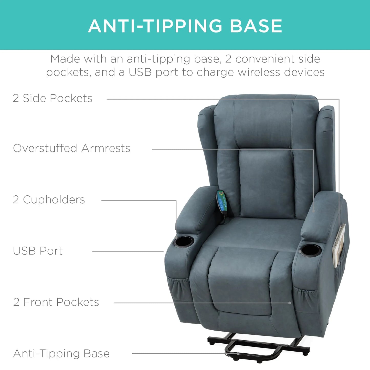 PU Leather Electric Power Lift Chair, Recliner Massage Chair,Blue