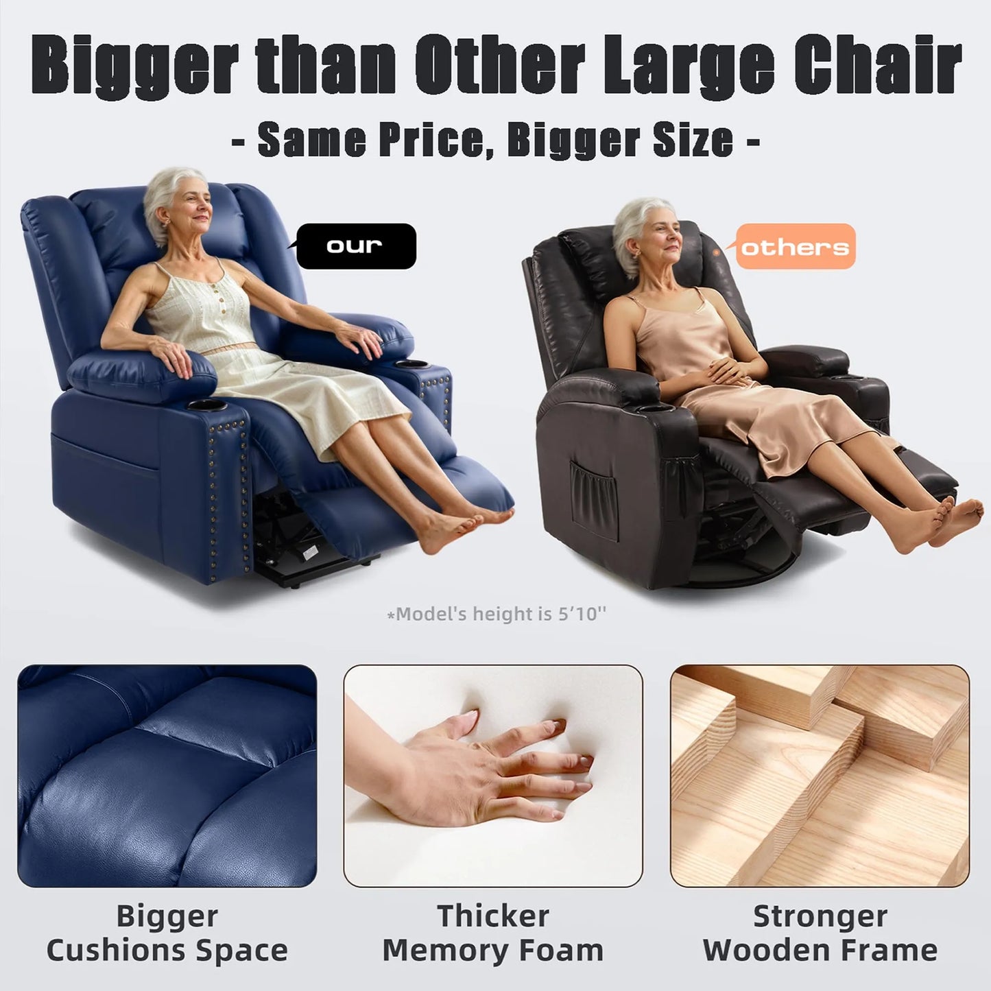 Large Power Lift Chairs Recliners for Elderly with Heated and Massage, Breathable Leather, USB-A and USB-C, Cup Holder, Side Pocket, Blue