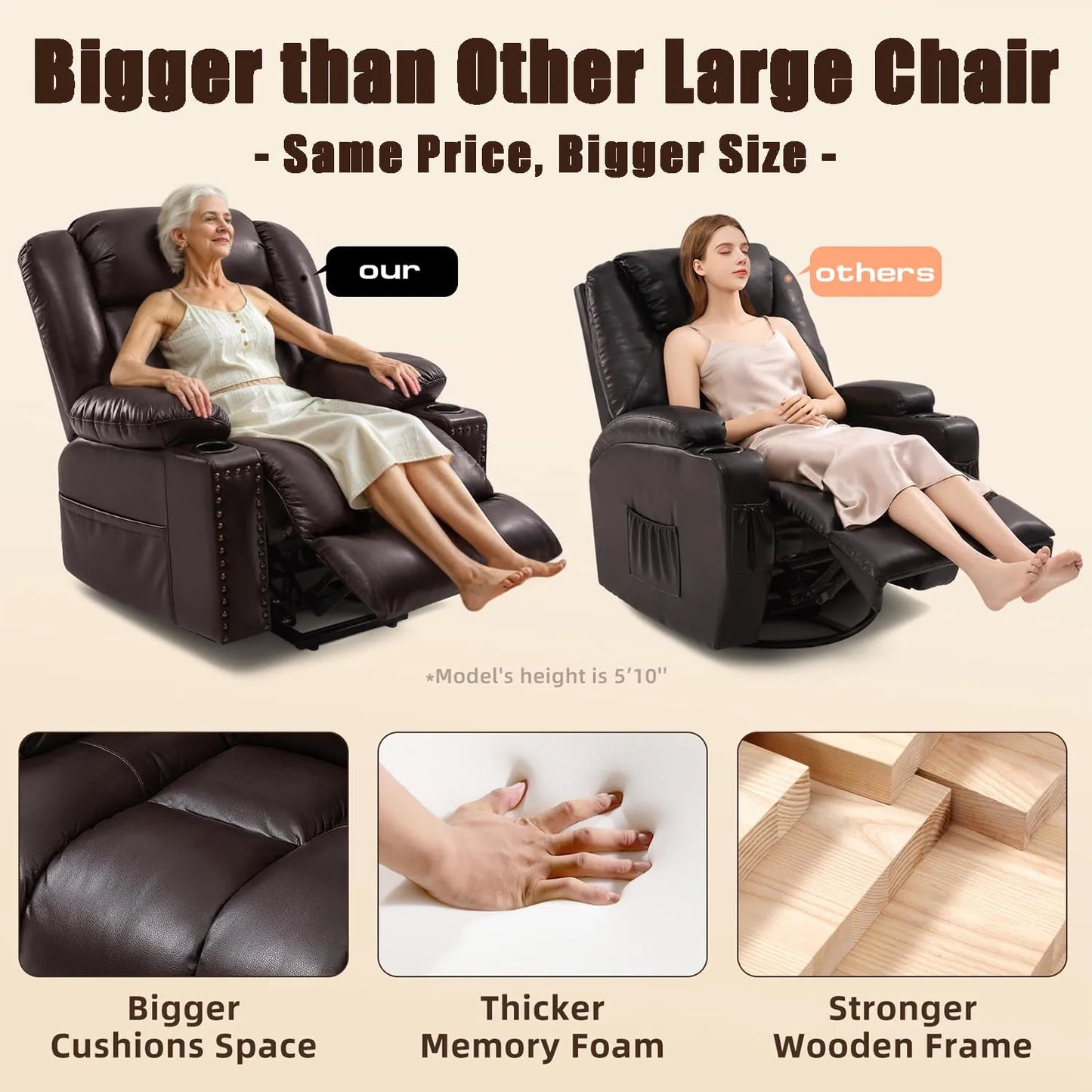 Large Power Lift Chairs Recliners for Elderly with Heated and Massage, Breathable Leather, USB-A and USB-C, Cup Holder, Side Pocket, Dark Brown