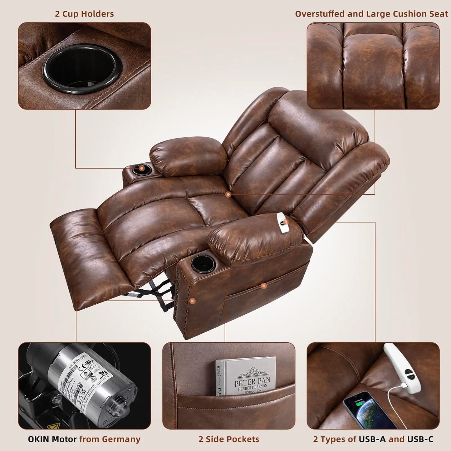 Large Power Lift Chairs Recliners for Elderly with Heated and Massage, Breathable Leather, USB-A and USB-C, Cup Holder, Side Pocket, Brown