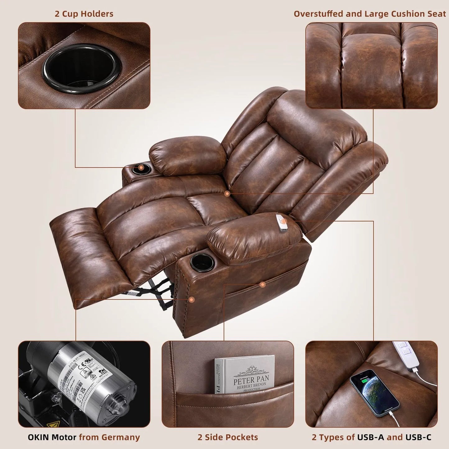 Large Power Lift Chairs Recliners for Elderly with Heat and Massage Set of 2, Breathable Leather, USB-A USB-C, Cup Holder, Side Pocket, Brown