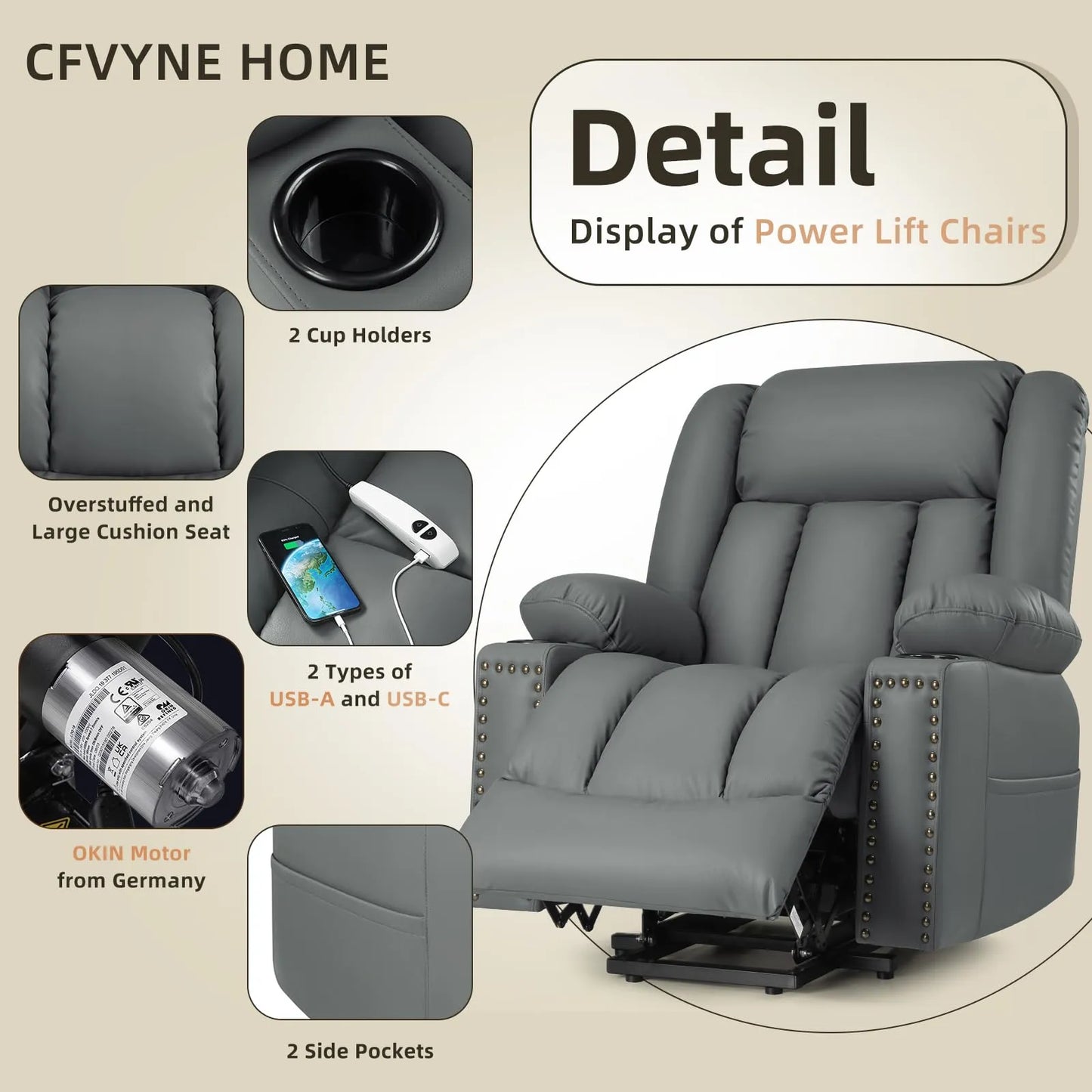 Large Power Lift Chairs Recliners for Elderly with Heated and Massage, Breathable Leather, USB-A and USB-C, Cup Holder, Side Pocket, Grey