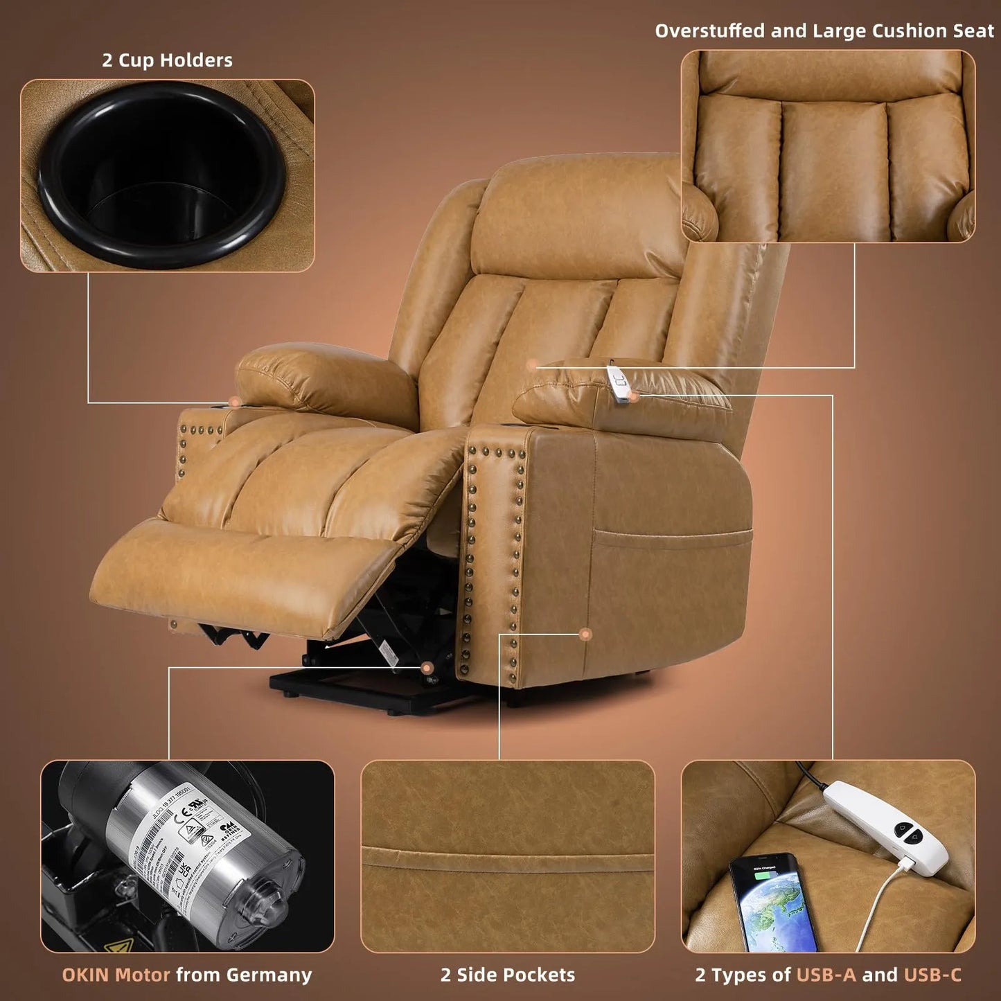 Large Power Lift Chairs Recliners for Elderly with Heat and Massage Set of 2, Breathable Leather, USB-A USB-C, Cup Holder, Side Pocket, Caramel