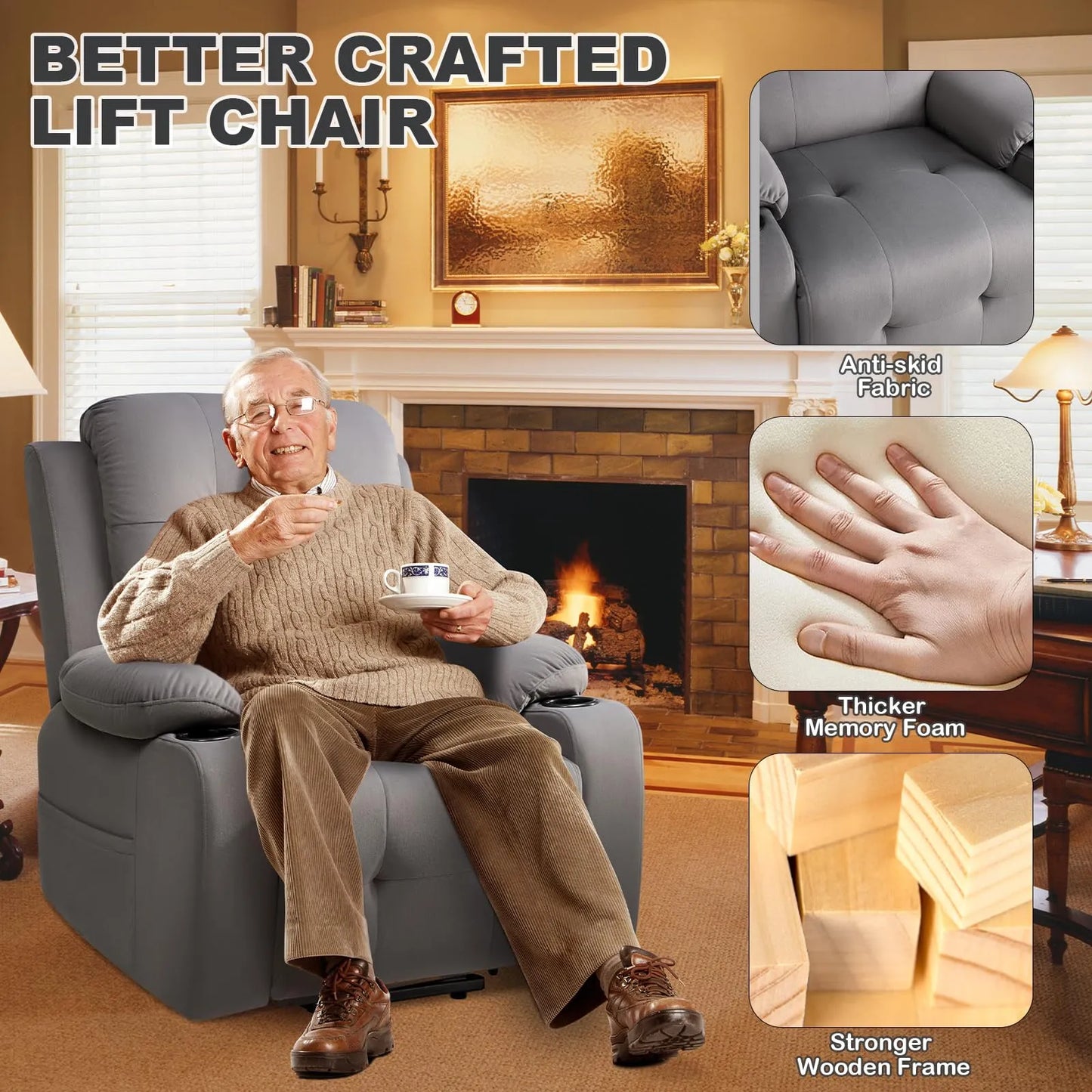Large Power Lift Chairs Recliners for Elderly with Heated and Massage, Breathable Leather, USB-A and USB-C, Cup Holder, Side Pocket,Plush Grey
