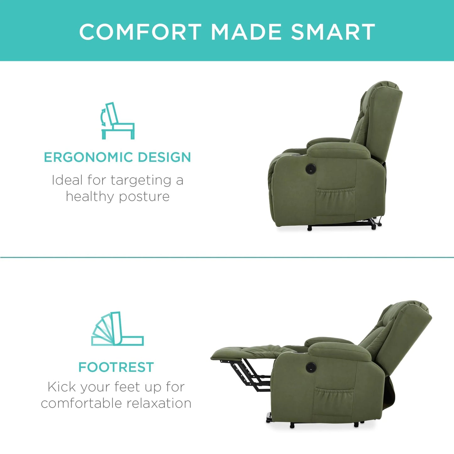PU Leather Electric Power Lift Chair, Recliner Massage Chair,Olive