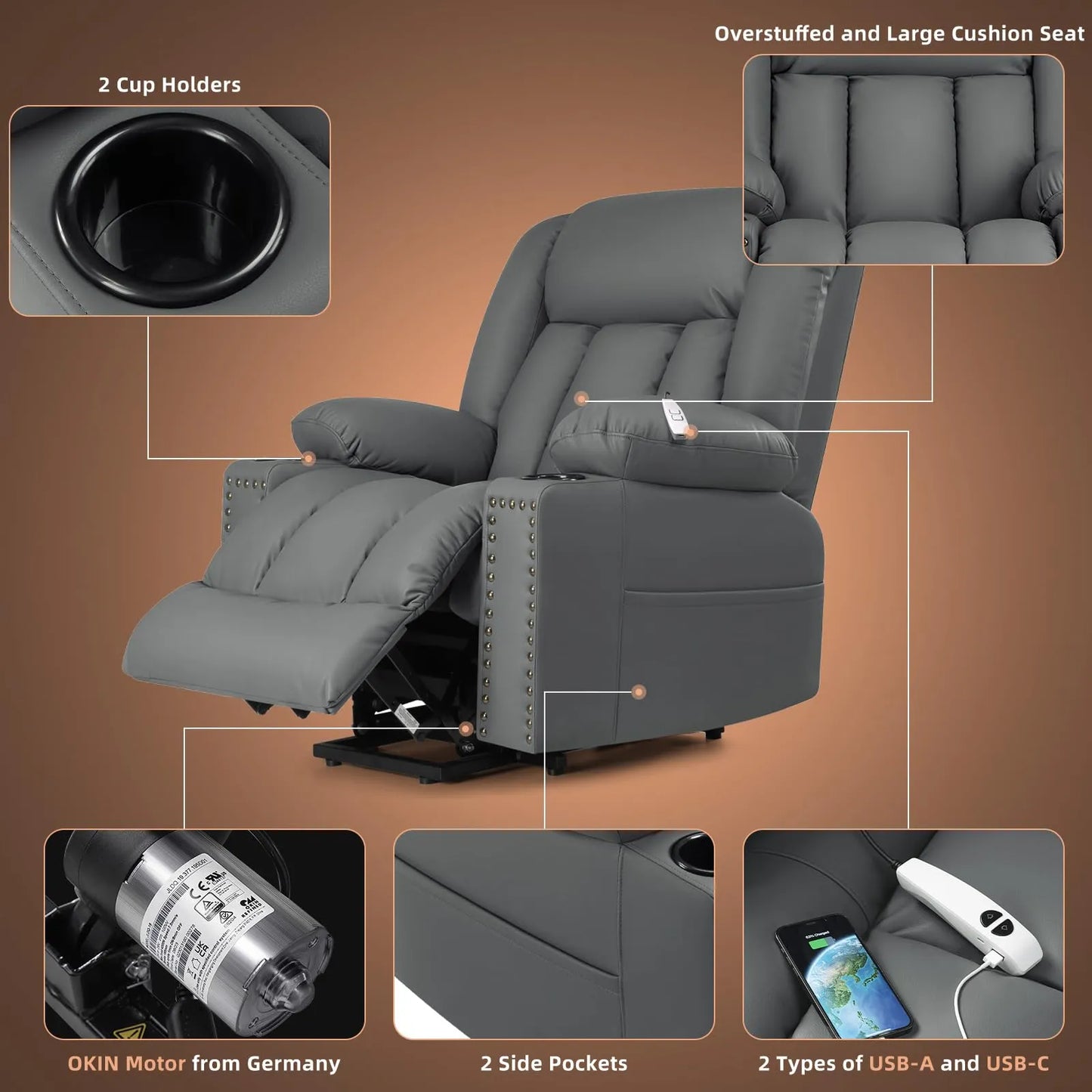 Large Power Lift Chairs Recliners for Elderly with Heat and Massage Set of 2, Breathable Leather, USB-A USB-C, Cup Holder, Side Pocket Grey