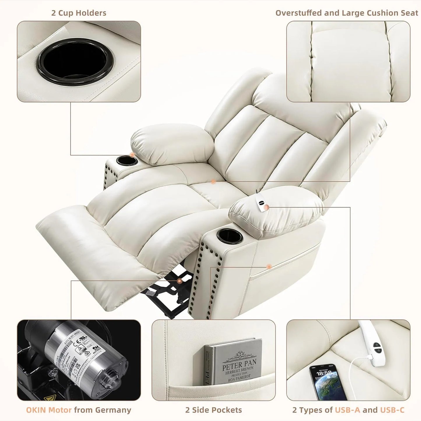 Large Power Lift Chairs Recliners for Elderly with Heat and Massage Set of 2, Breathable Leather, USB-A USB-C, Cup Holder, Side Pocket, Beigi