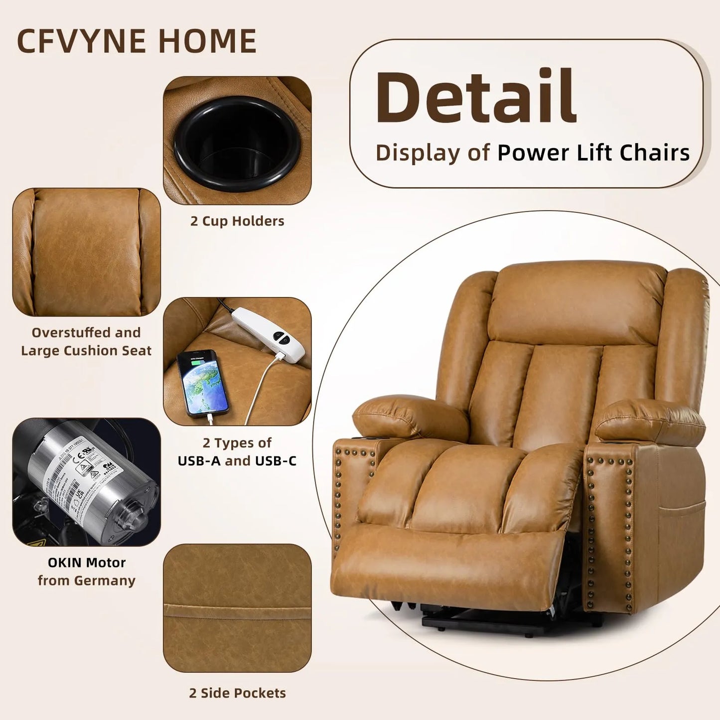 Large Power Lift Chairs Recliners for Elderly with Heated and Massage, Breathable Leather, USB-A and USB-C, Cup Holder, Side Pocket, Caramel