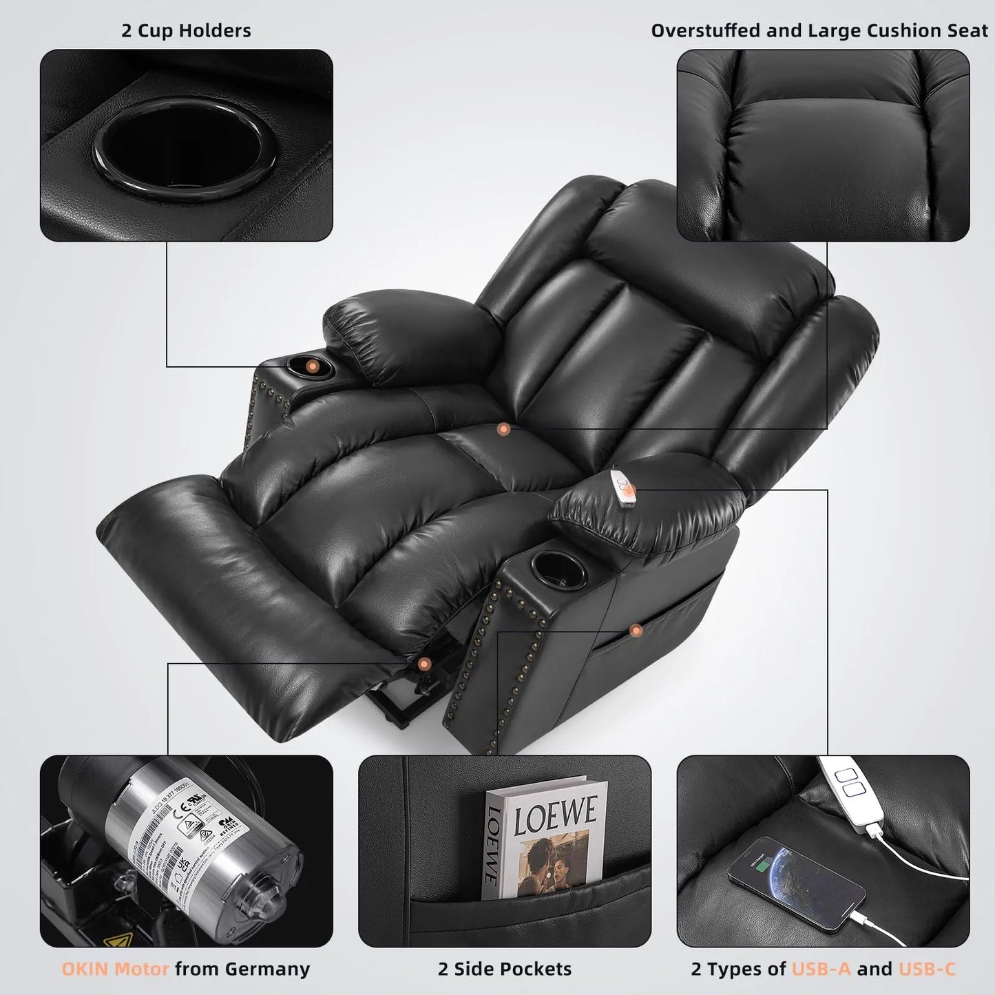 Large Power Lift Chairs Recliners for Elderly with Heated and Massage, Breathable Leather, USB-A and USB-C, Cup Holder, Side Pocket, Black