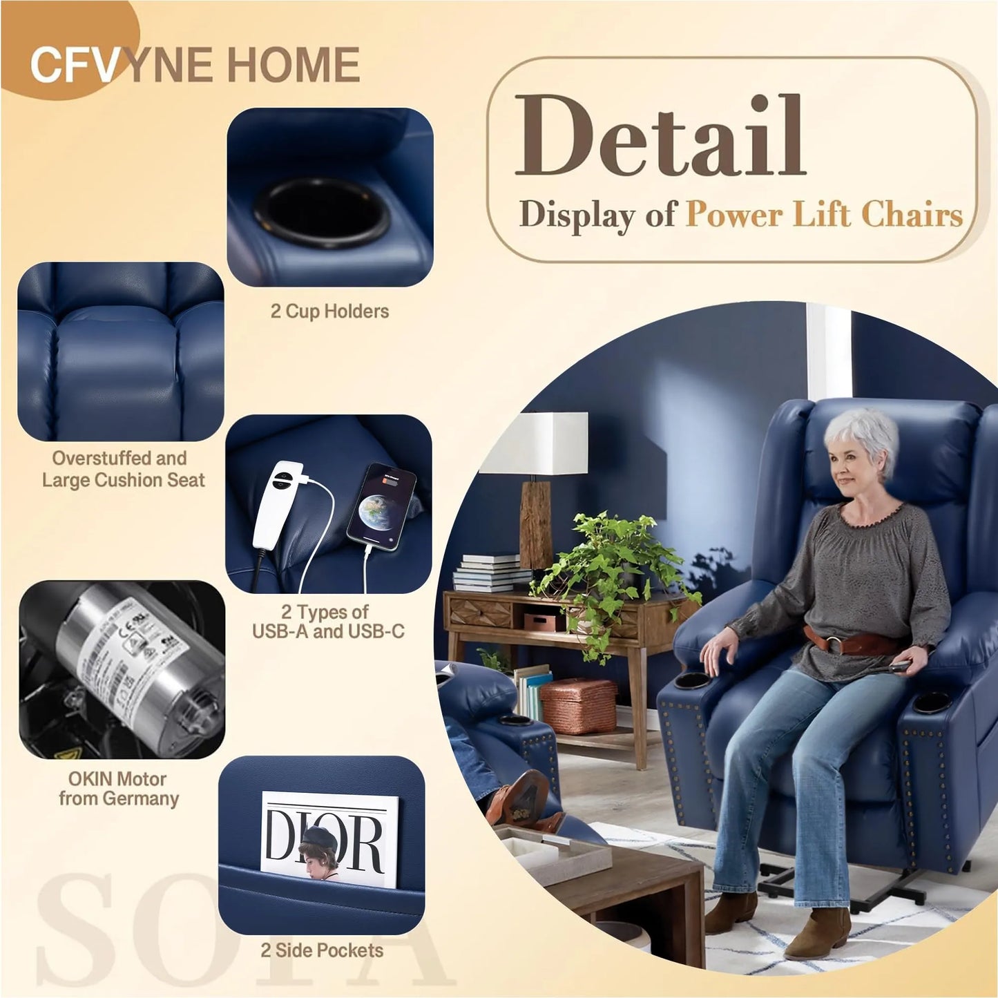 Large Power Lift Chairs Recliners for Elderly with Heated and Massage, Breathable Leather, USB-A and USB-C, Cup Holder, Side Pocket, Blue
