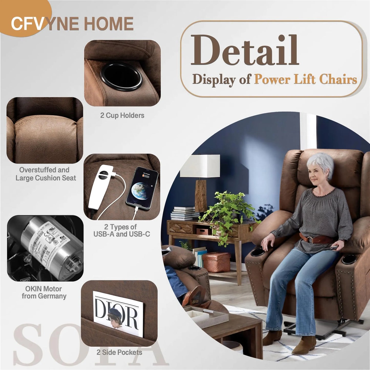 Large Power Lift Chairs Recliners for Elderly with Heated and Massage, Breathable Leather, USB-A and USB-C, Cup Holder, Side Pocket, Chocolate