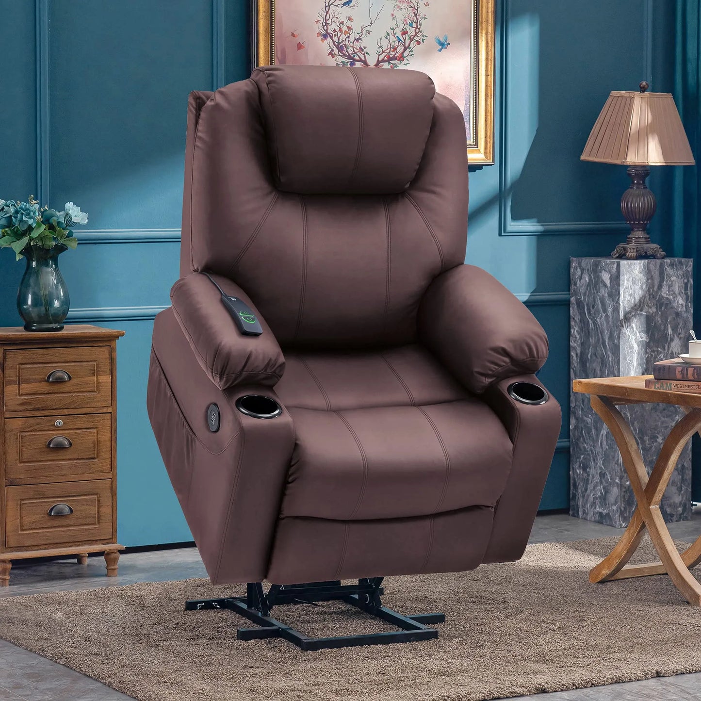Electric Power Lift Recliner Chair Sofa with Massage and Heat for Elderly,Light Brown