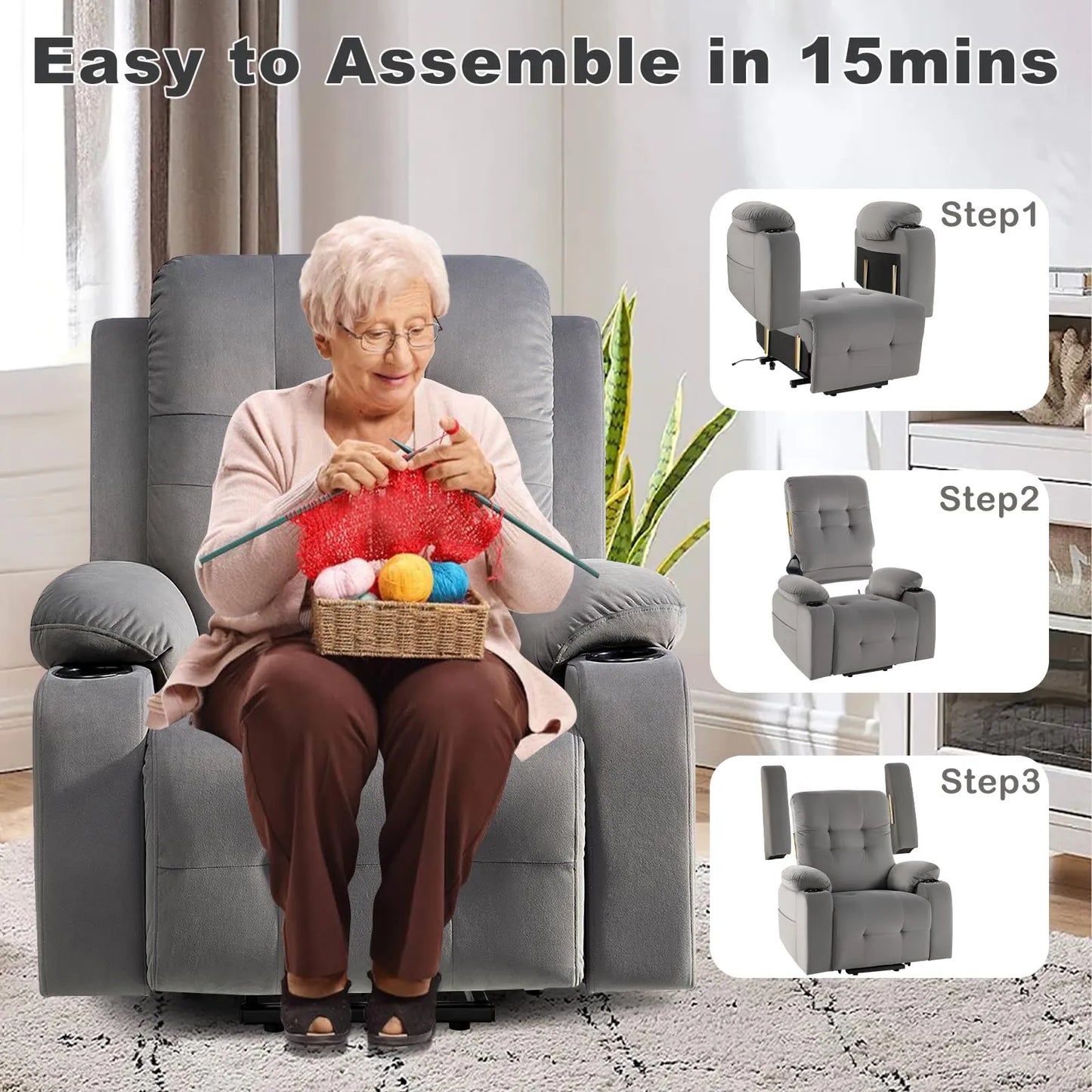 Large Power Lift Chairs Recliners for Elderly with Heated and Massage, Breathable Leather, USB-A and USB-C, Cup Holder, Side Pocket,Plush Grey
