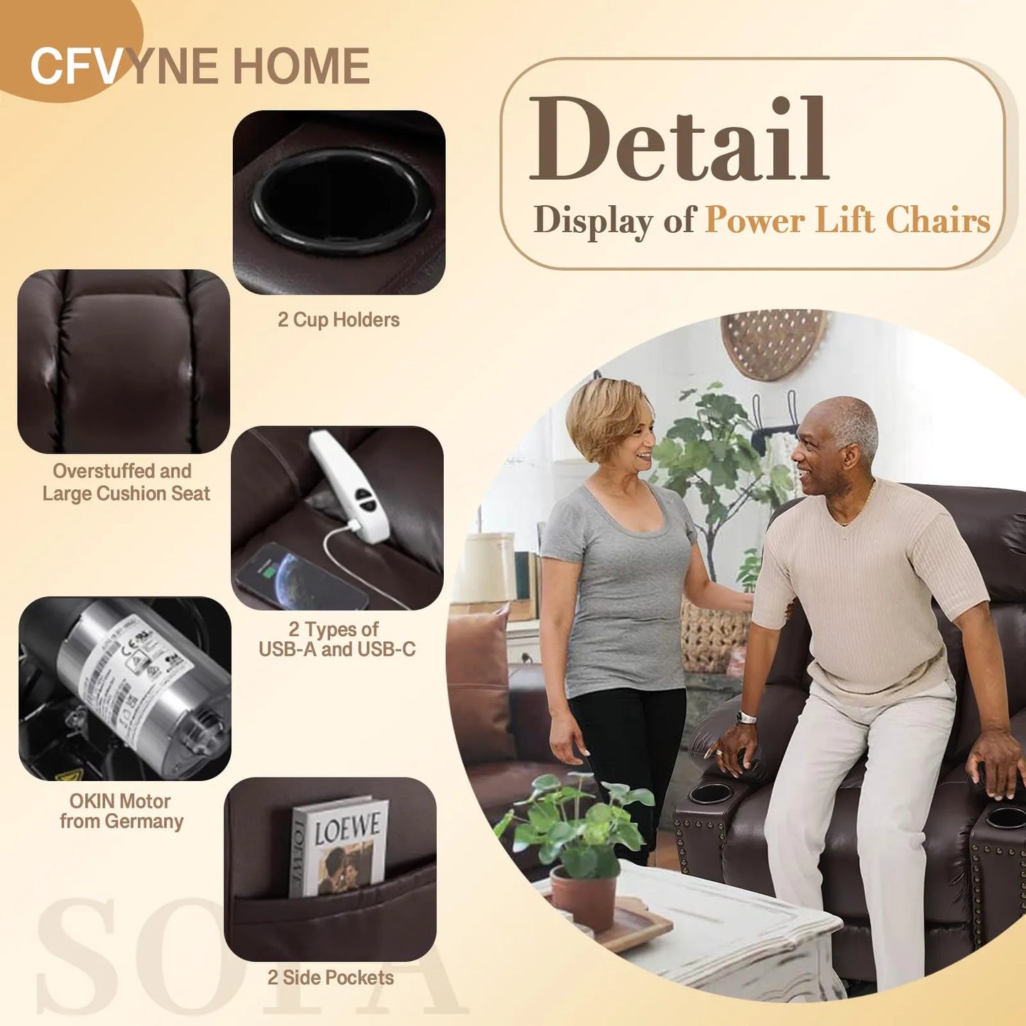 Large Power Lift Chairs Recliners for Elderly with Heated and Massage, Breathable Leather, USB-A and USB-C, Cup Holder, Side Pocket, Dark Brown