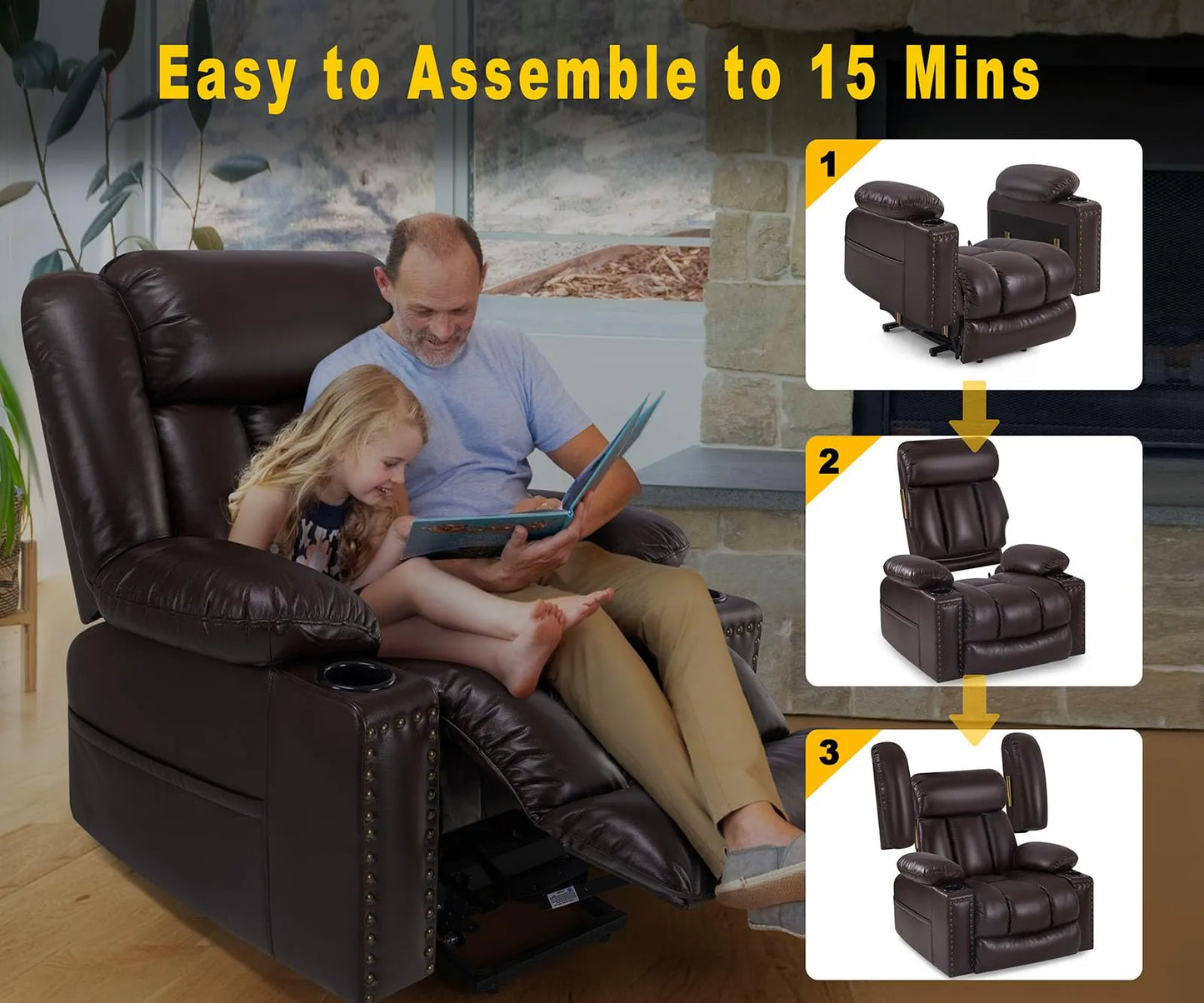 Large Power Lift Chairs Recliners for Elderly with Heated and Massage, Breathable Leather, USB-A and USB-C, Cup Holder, Side Pocket, Dark Brown