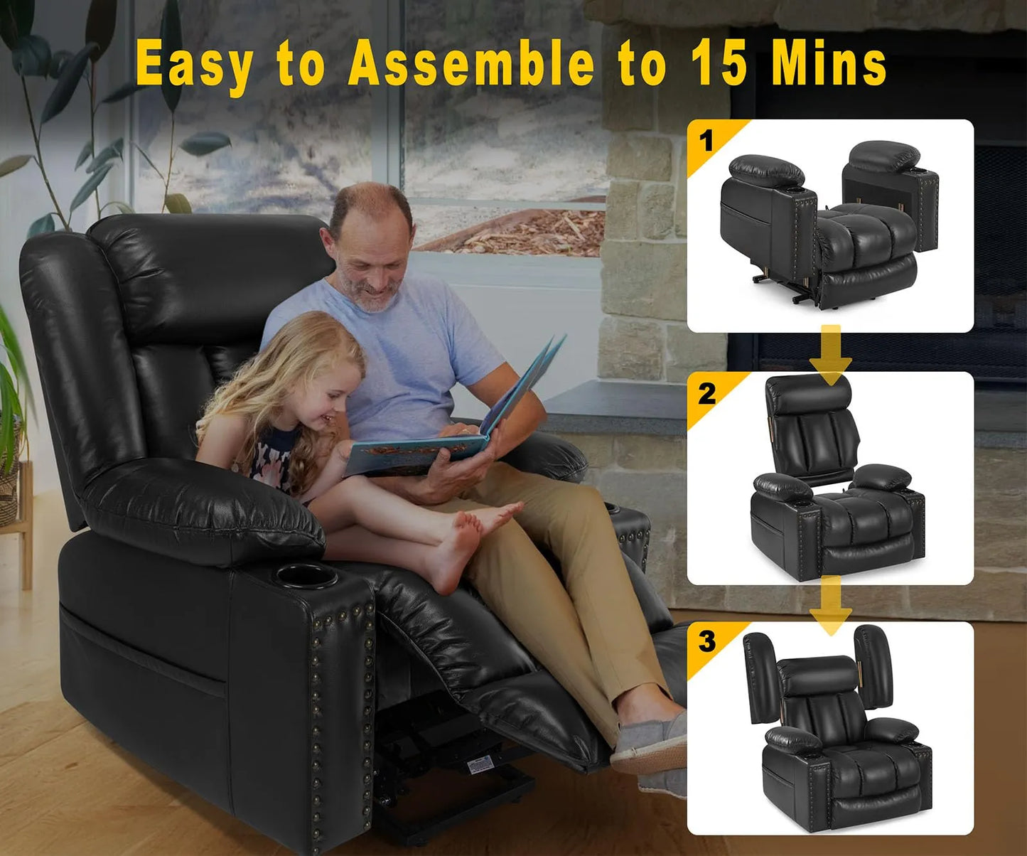 Large Power Lift Chairs Recliners for Elderly with Heat and Massage Set of 2, Breathable Leather, USB-A USB-C, Cup Holder, Side Pocket, Black