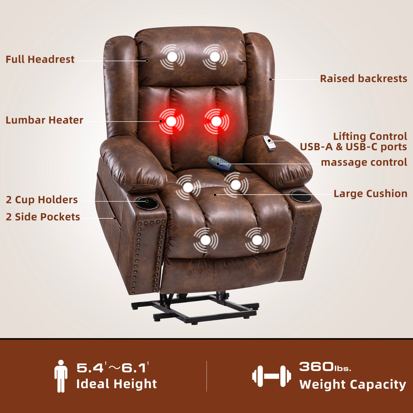 Cfvyne Large Power Lift Chairs Recliners for Elderly with Heated and Massage, Overstuffed Adjustable Lift Chairs, 3 Positions, Breathable Leather, USB-A and USB-C, Cup Holder, Side Pocket