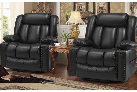 Large Power Lift Chairs Recliners for Elderly with Heat and Massage Set of 2, Breathable Leather, USB-A USB-C, Cup Holder, Side Pocket, Black