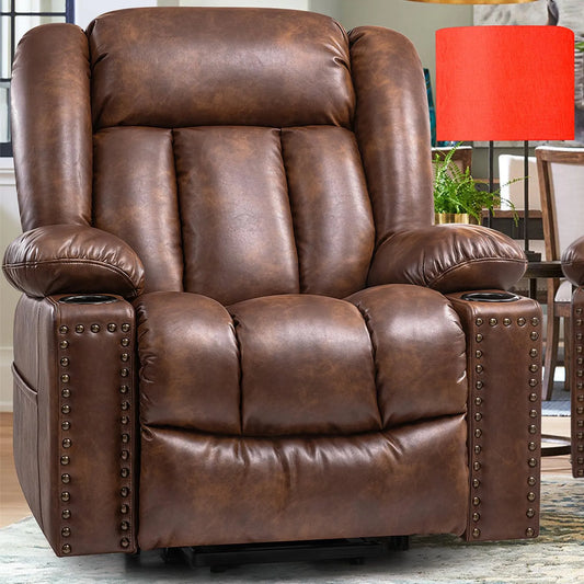 Large Power Lift Chairs Recliners for Elderly with Heated and Massage, Breathable Leather, USB-A and USB-C, Cup Holder, Side Pocket, Brown