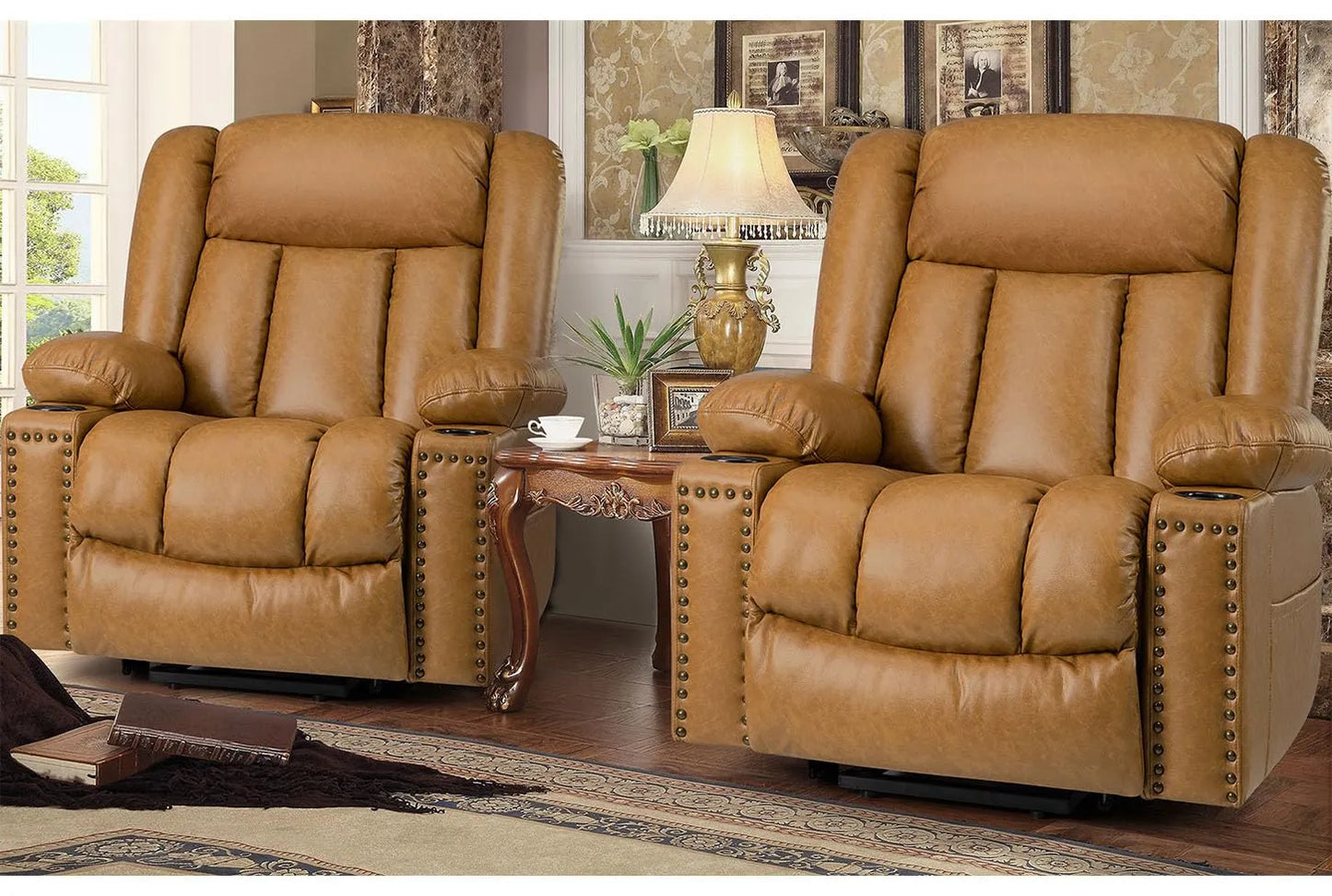 Large Power Lift Chairs Recliners for Elderly with Heat and Massage Set of 2, Breathable Leather, USB-A USB-C, Cup Holder, Side Pocket, Caramel