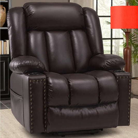 Large Power Lift Chairs Recliners for Elderly with Heated and Massage, Breathable Leather, USB-A and USB-C, Cup Holder, Side Pocket, Dark Brown
