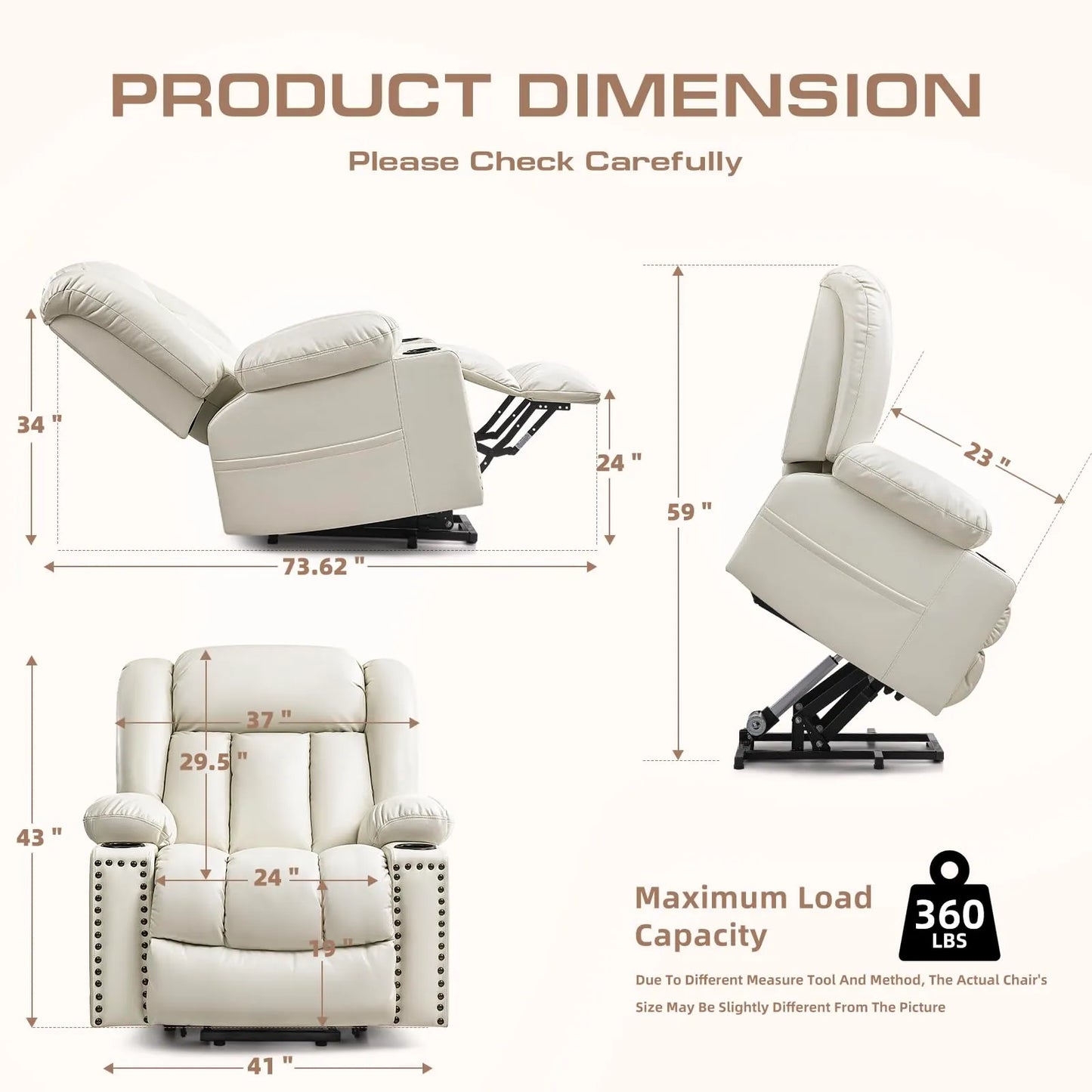 Large Power Lift Chairs Recliners for Elderly with Heated and Massage, Breathable Leather, USB-A and USB-C, Cup Holder, Side Pocket, Beigi