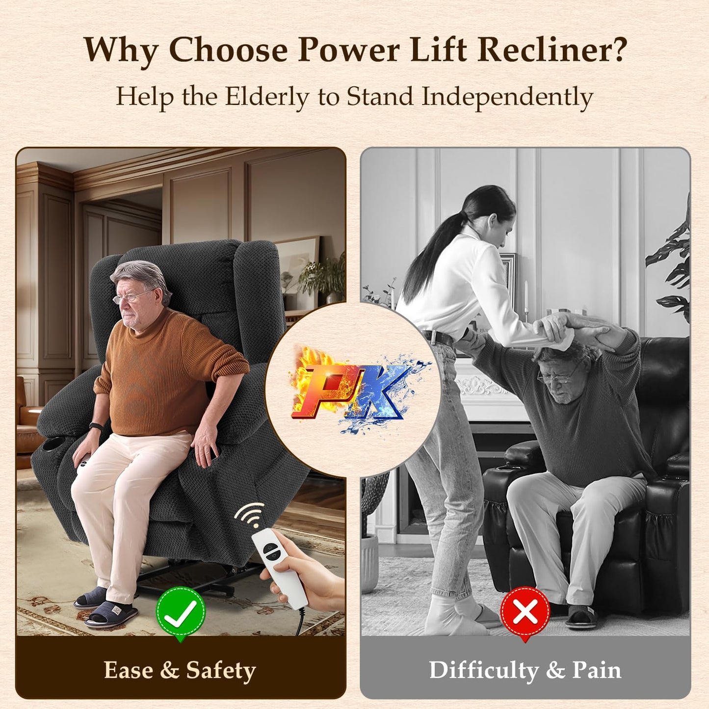 Cfvyne Large-Wide Power Lift Recliner Chair for Elderly, Big and Tall, Heat and Massage, Lift Chairs Recliners with Extended Footrest, Remote Control, 2 Cup Holders, Gray