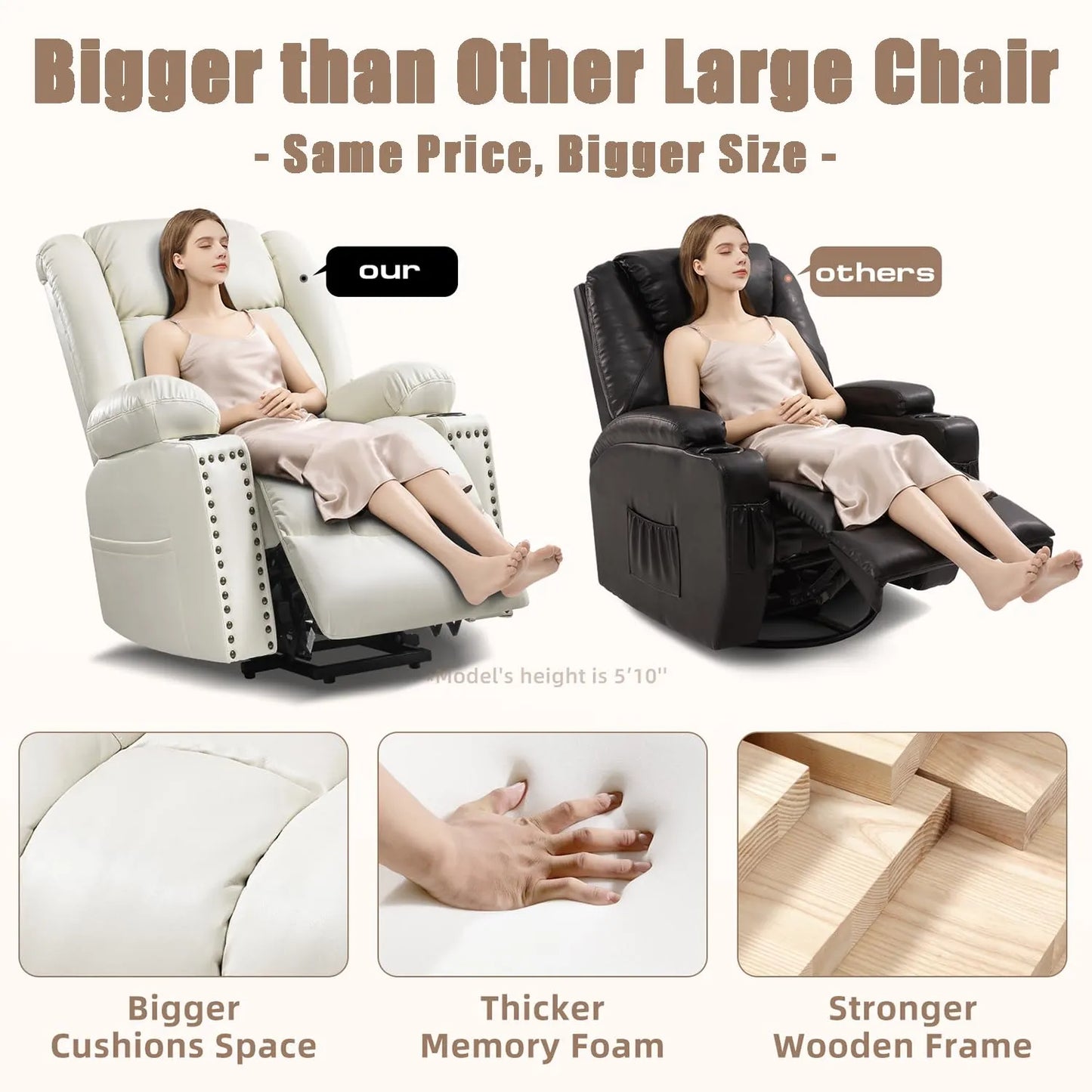 Large Power Lift Chairs Recliners for Elderly with Heated and Massage, Breathable Leather, USB-A and USB-C, Cup Holder, Side Pocket, Beigi