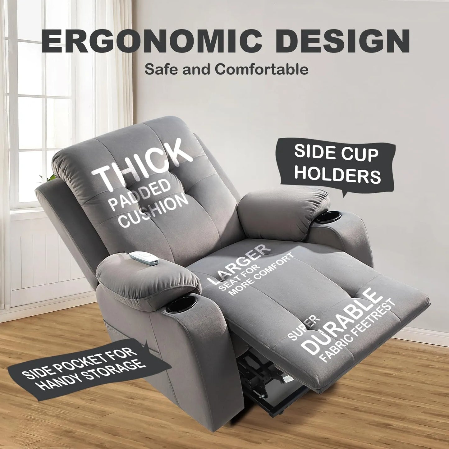 Large Power Lift Chairs Recliners for Elderly with Heated and Massage, Breathable Leather, USB-A and USB-C, Cup Holder, Side Pocket,Plush Grey