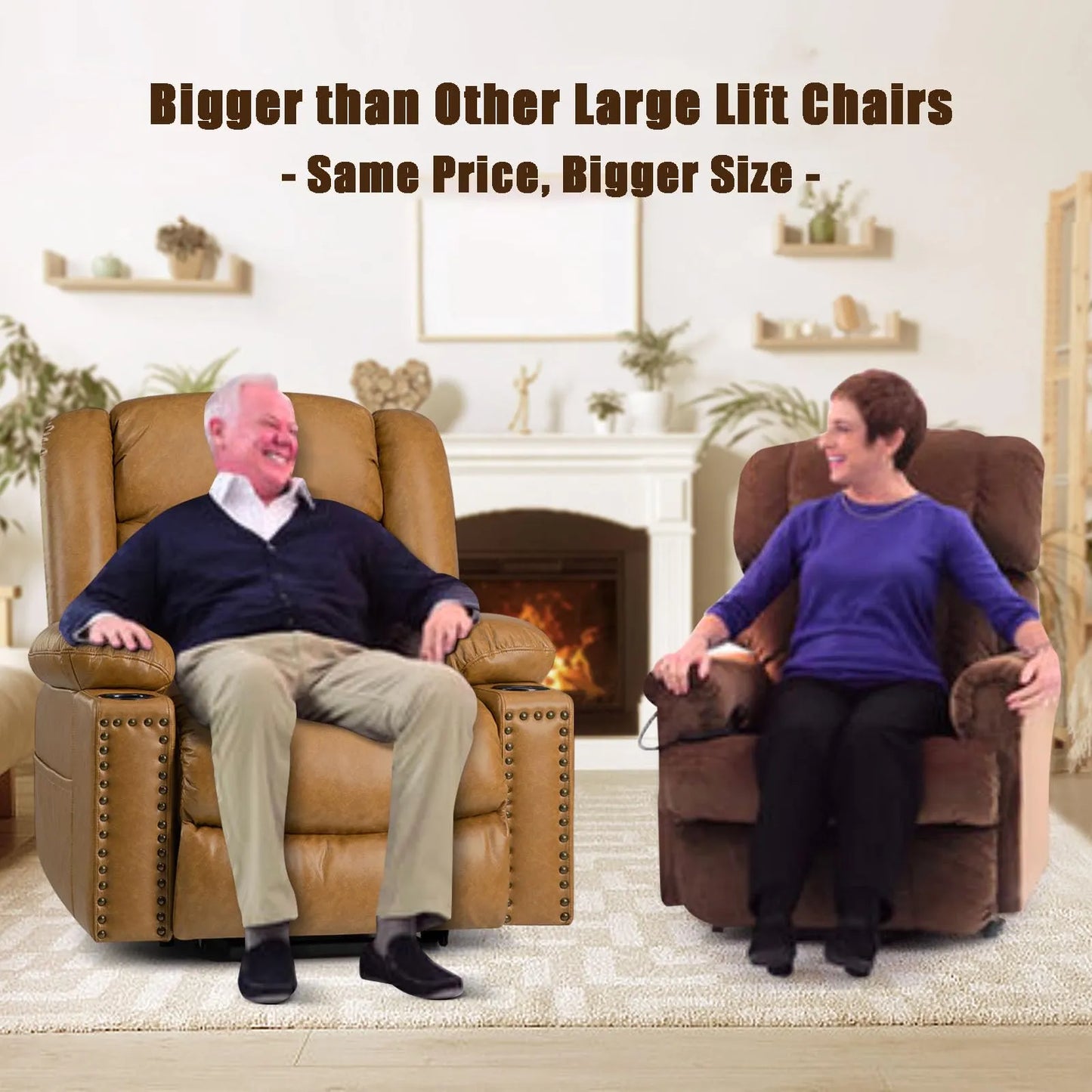Large Power Lift Chairs Recliners for Elderly with Heated and Massage, Breathable Leather, USB-A and USB-C, Cup Holder, Side Pocket, Caramel