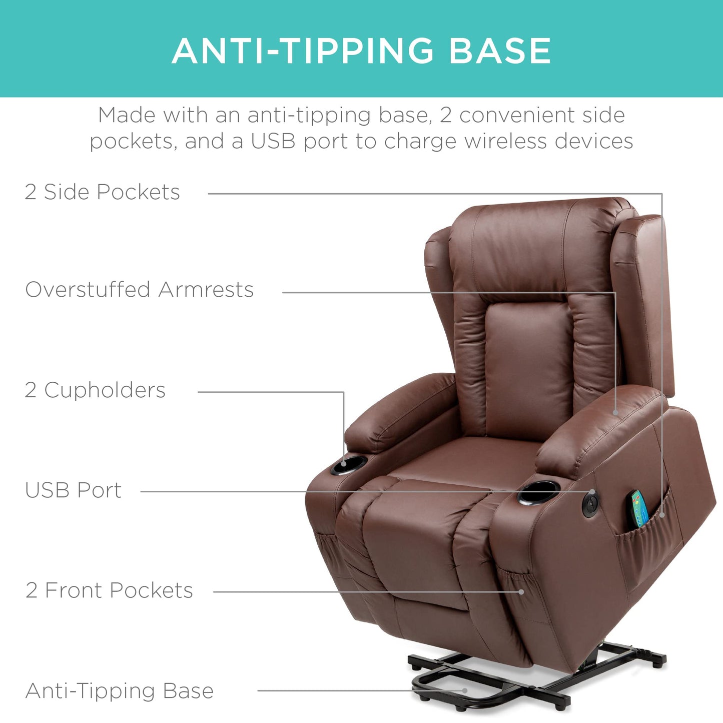 PU Leather Electric Power Lift Chair, Recliner Massage Chair,Brown