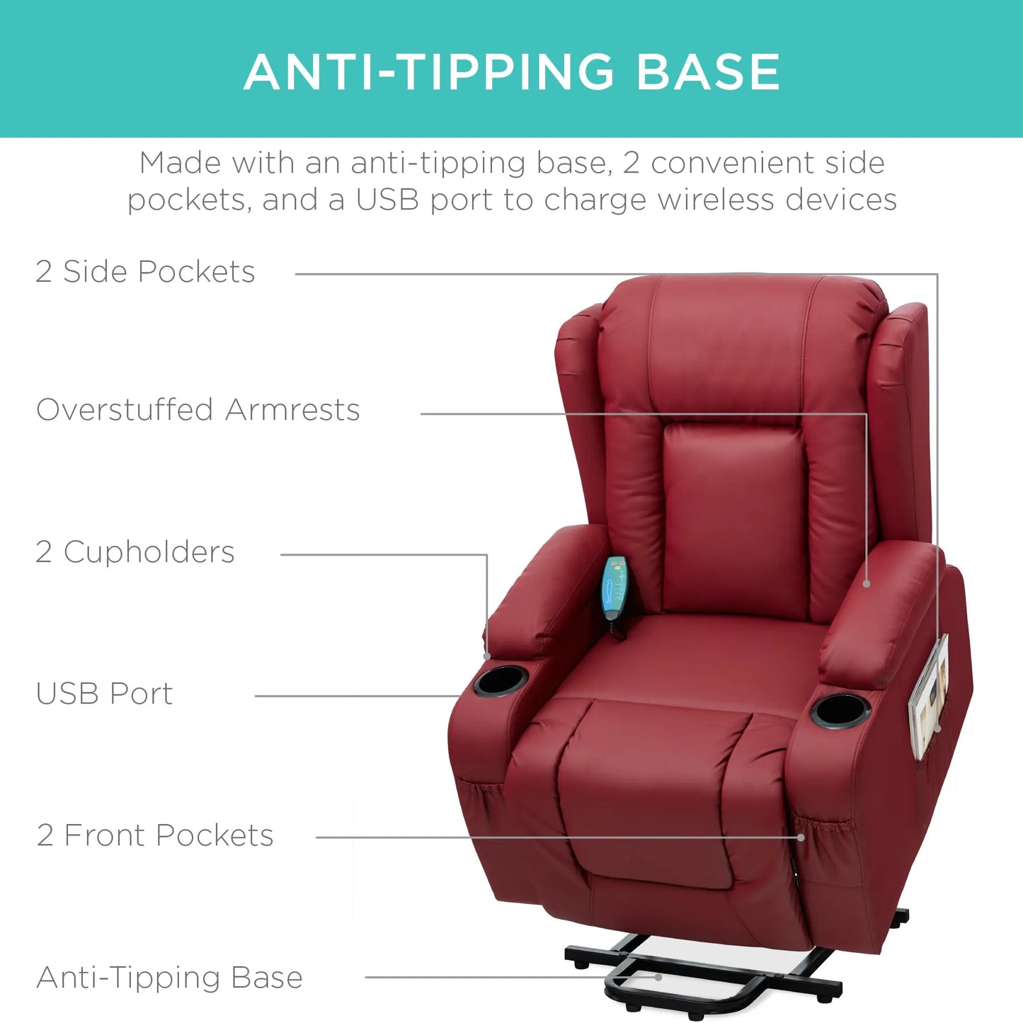 PU Leather Electric Power Lift Chair, Recliner Massage Chair,Red
